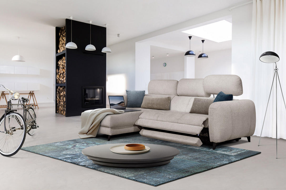 ECKSOFA SVEN 3-Sitzer, 1 Relax XL, verstellbare Kopfstützen, creme - Creme/Schwarz, Holzwerkstoff/Textil (256/163cm) - Courtois Laville