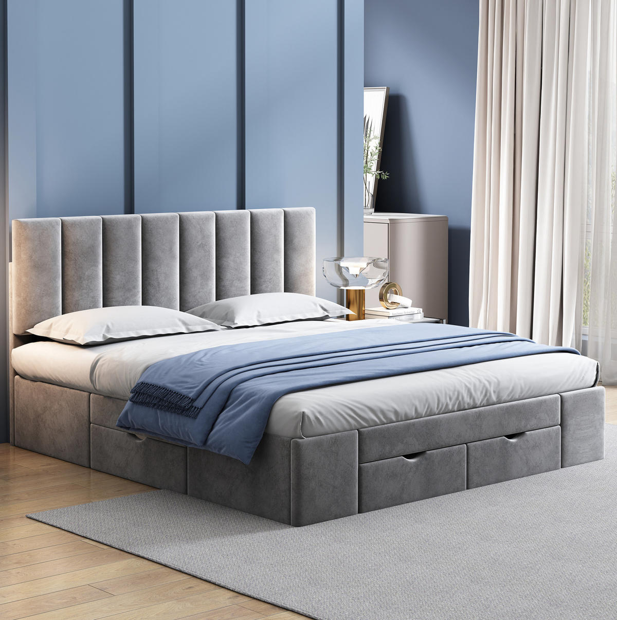 POLSTERBETT 160/200 cm mit Lattenrost, verstellbarem Kopfteil und 4 Schubladen aus Samt, Grau - Grau, Textil (160/200cm) - Redom