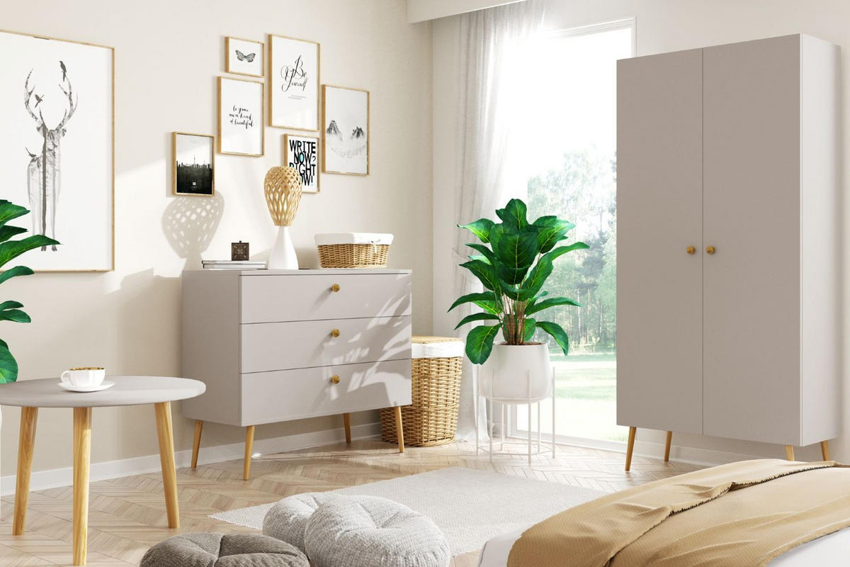 SCHRANK Kaschmir Boho Tief Holzbeine 5 Regale - Beige, Holzwerkstoff (87/212/41cm) - Sepro Meble
