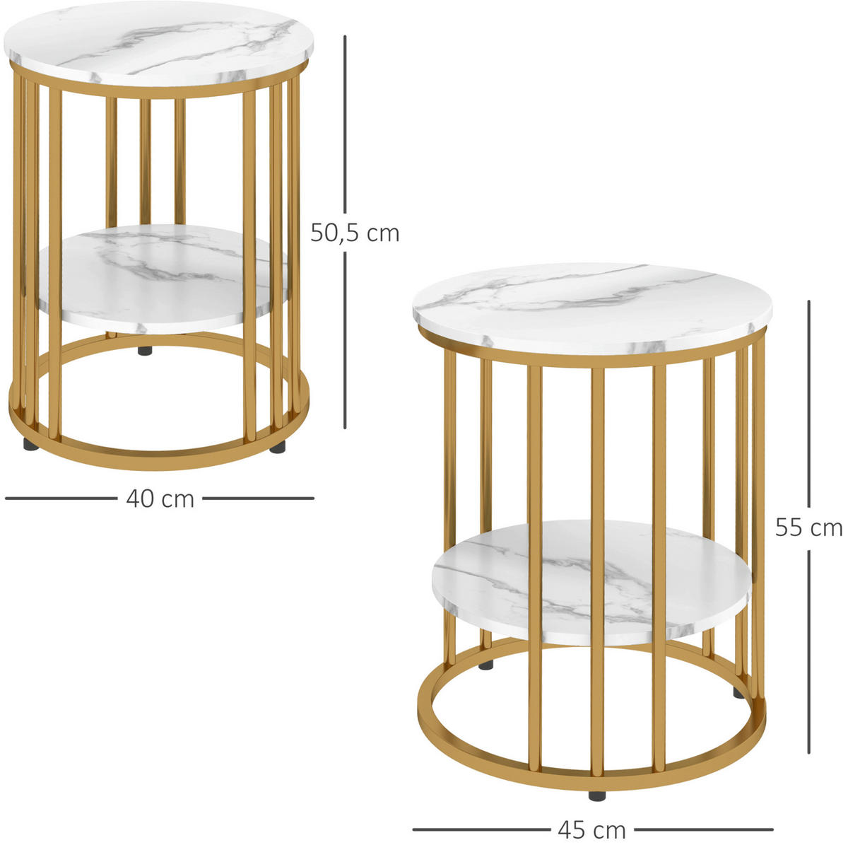 COUCHTISCH-SET 2-teilig mit Ablage, Marmoroptik und verstellbaren Fußpads, Weiß - Weiß, Holz (45/45/55cm) - Modfu