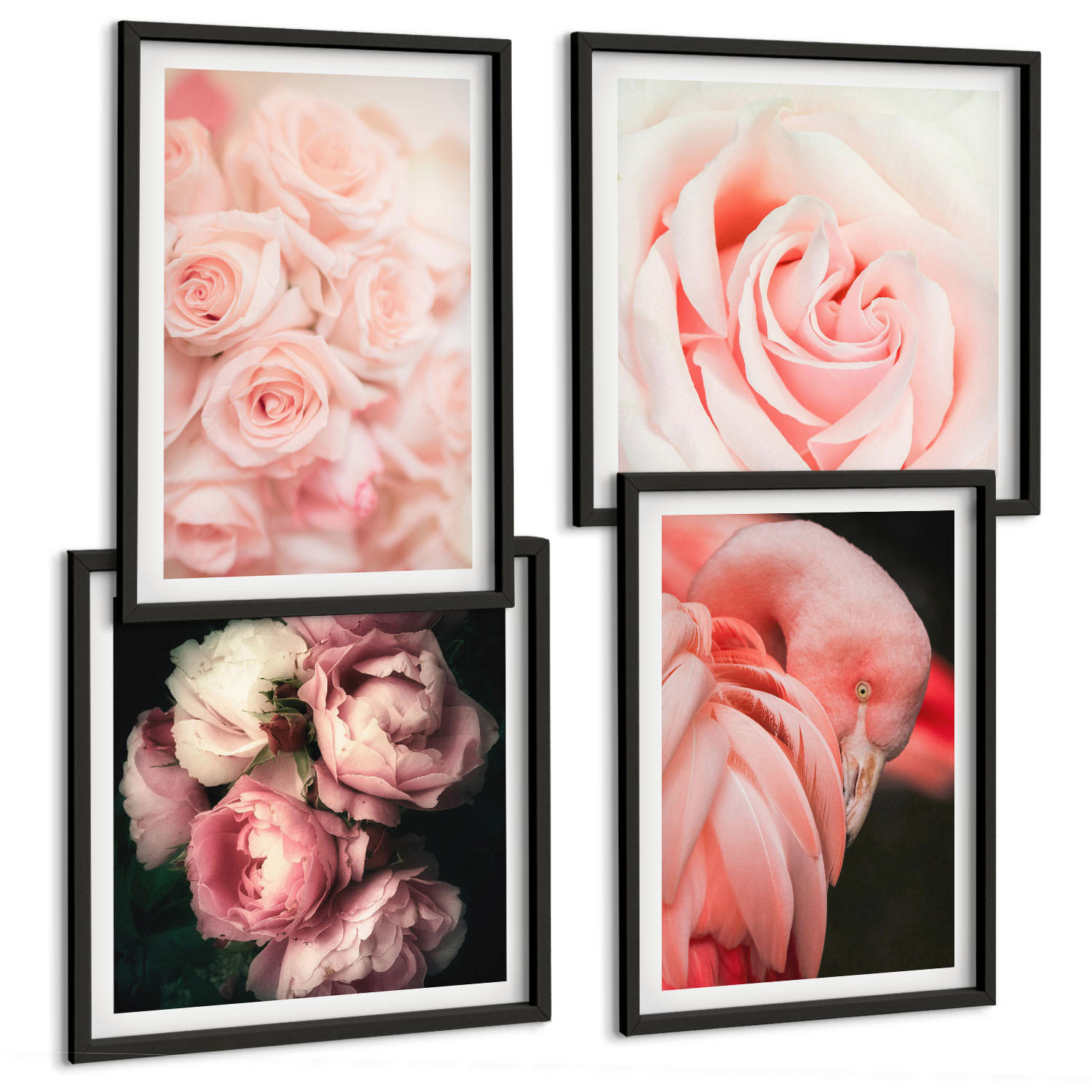 BILDER SET 4er Set - 50x50 cm & 40x60 cm Schwarzer Rahmen - Pastellrosa Flamingos - Schwarz, Kunststoff (50/50cm) - TULUP
