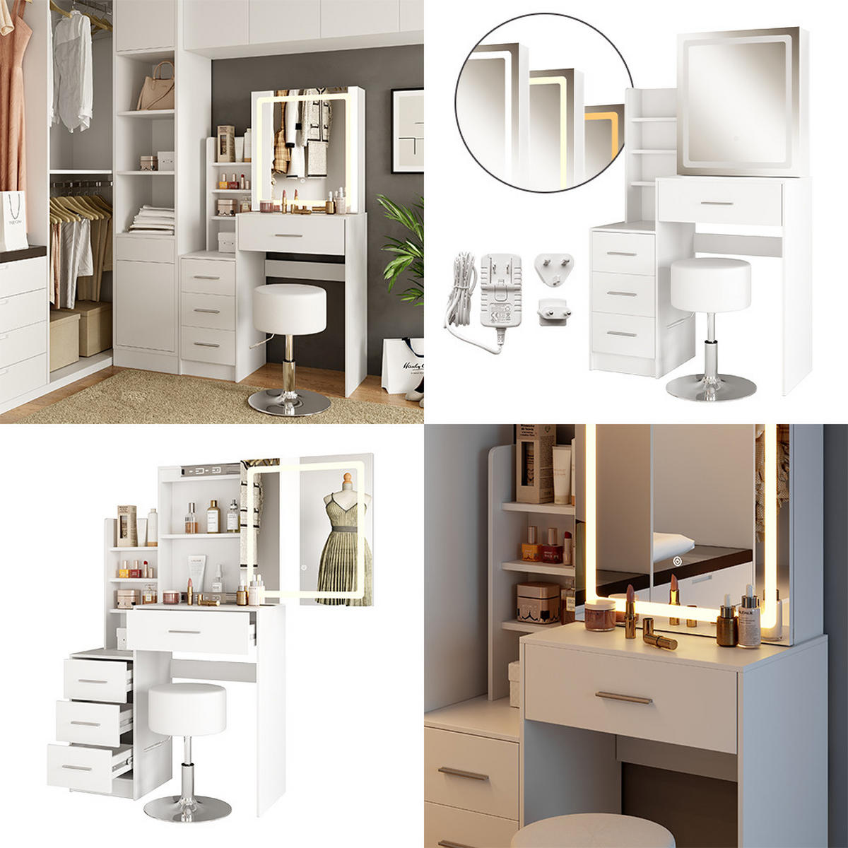 SCHMINKTISCH Lisca Weiß 80 cm mit LED-Spiegel und Hocker - Weiß, Holzwerkstoff (80/131.6/36cm) - Vicco