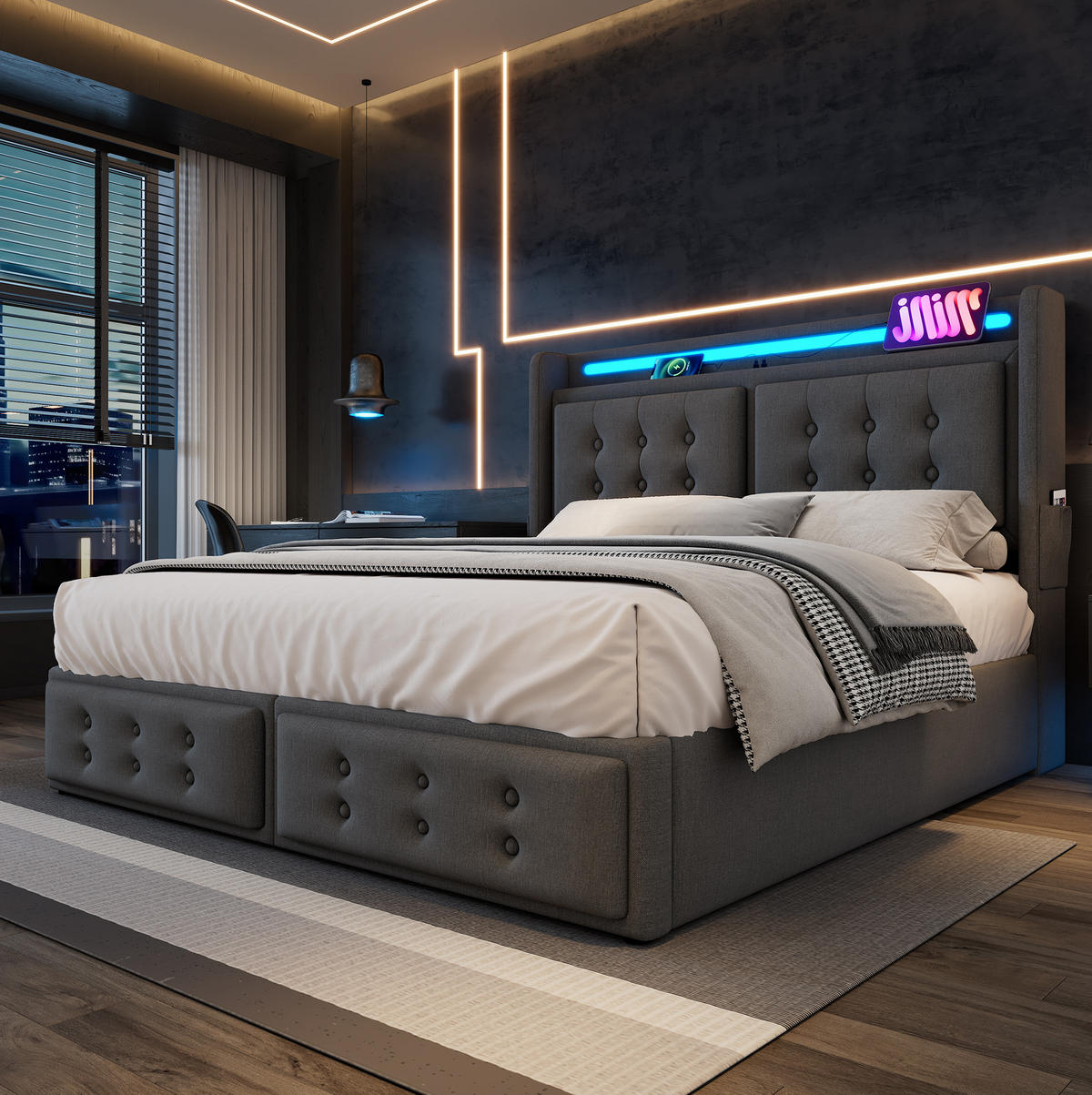 POLSTERBETT mit LED-Beleuchtung 160/200 cm mit Bettkasten und USB-C - Grau, Textil (160/200cm) - BEAOK