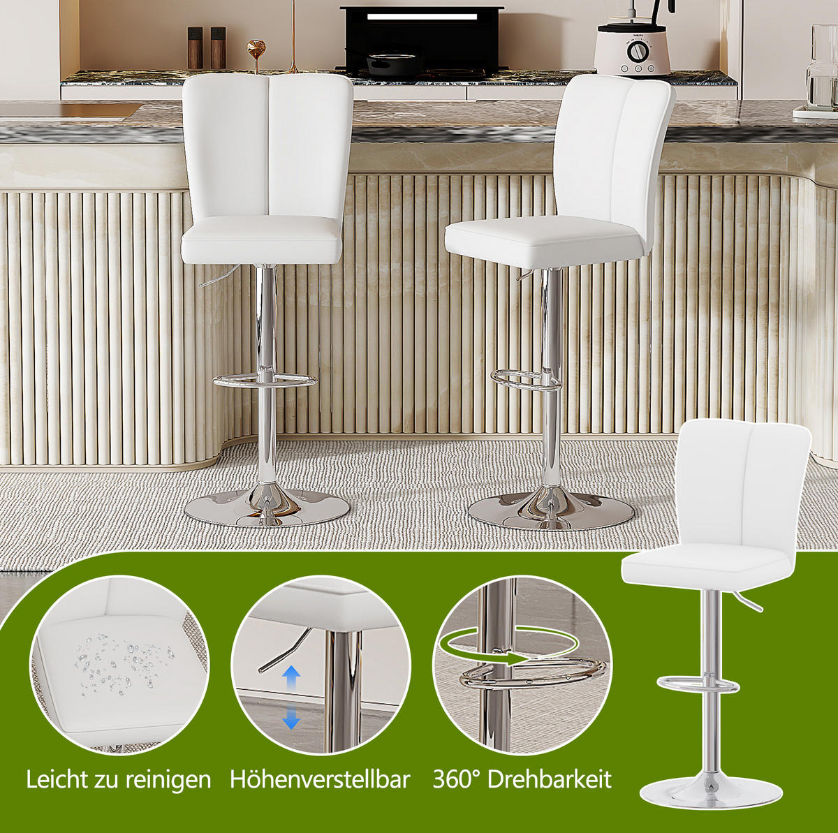 BARHOCKER 2er-Set 63–85 cm Weiß mit 360° Drehung und Höhenverstellung - Weiß, Metall (44/117.5/44.5cm) - MIVRAY