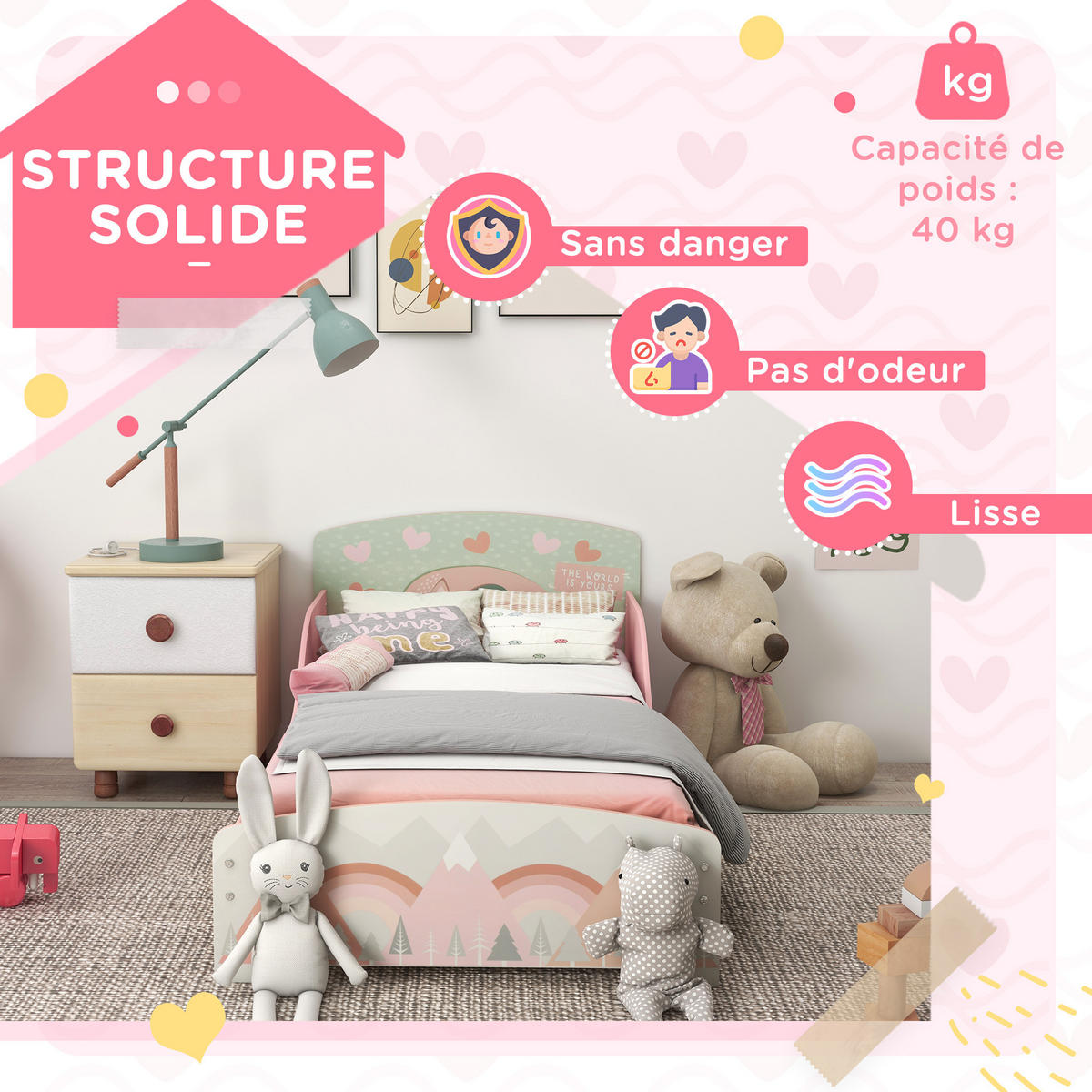 KINDERBETT 140x70 cm DE-14625 mit Sicherheitsbarrieren und Tiermotiv Rosa - Pink, Holzwerkstoff (70/140cm) - ComfortXL
