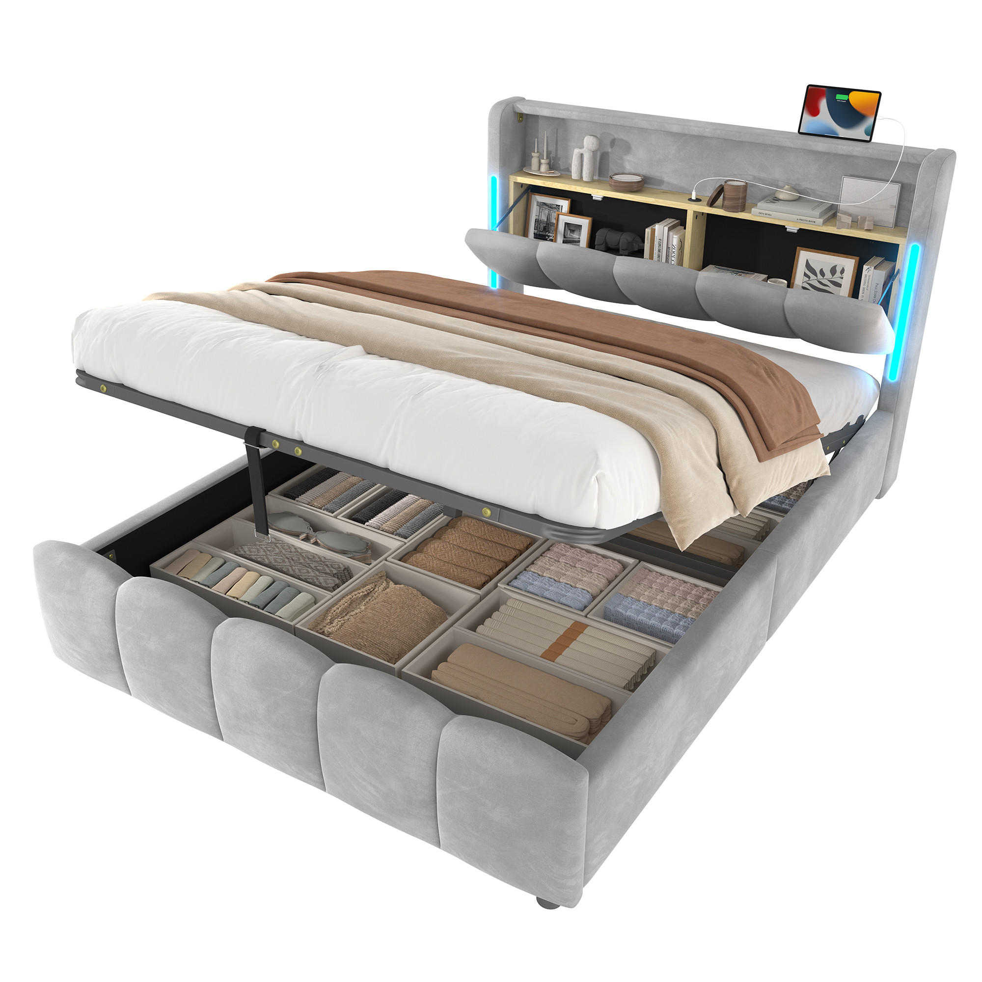 POLSTERBETT 140x200cm Grau Samt LED-Licht Kopfteil Hydraulik USB-C - Grau, Holz (140/200cm) - FLIEKS