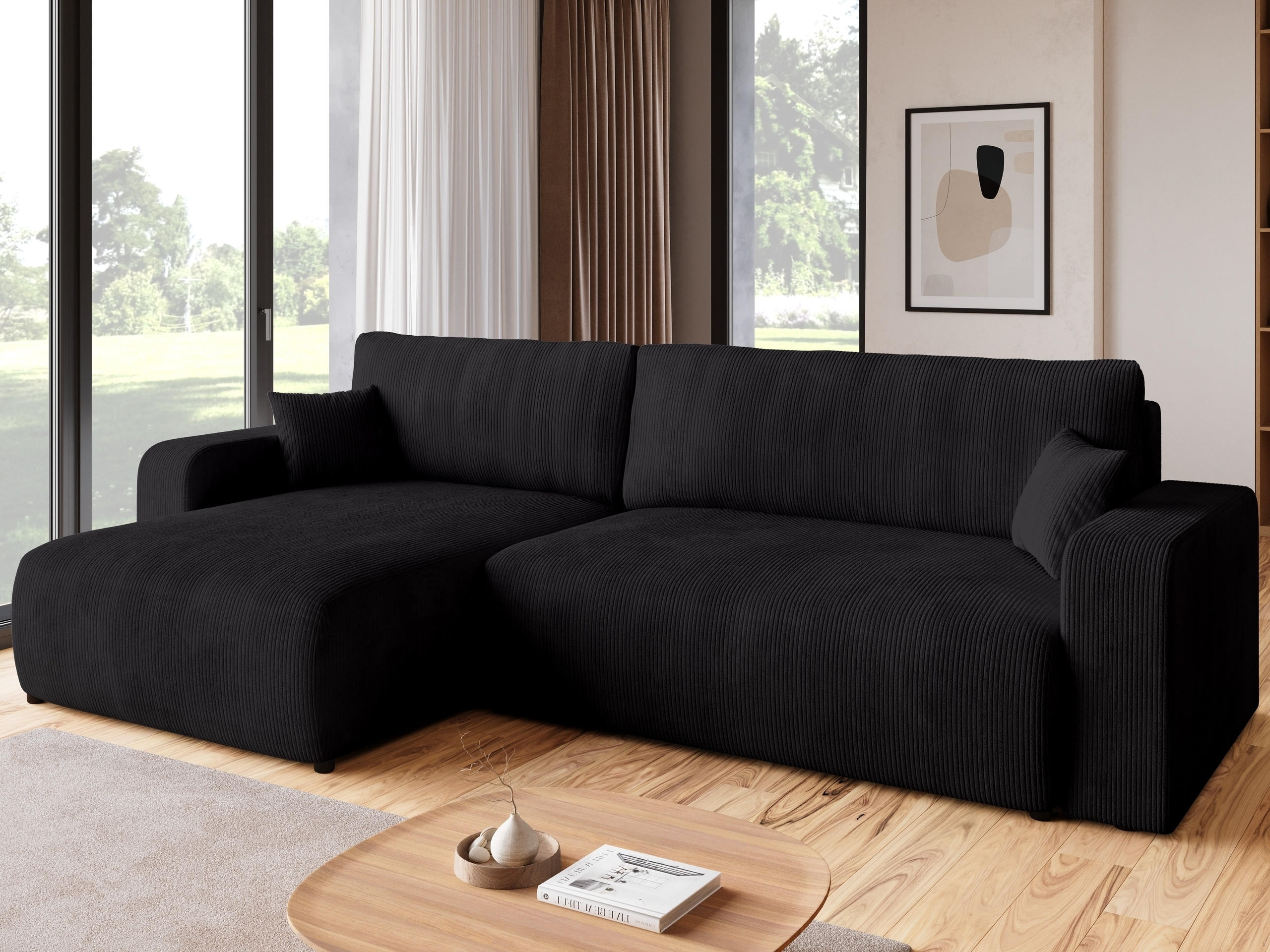 ECKSOFA PUMI XL mit Schlaffunktion Schwarz Cord - Schwarz, Textil (274/148cm) - Bromarkt