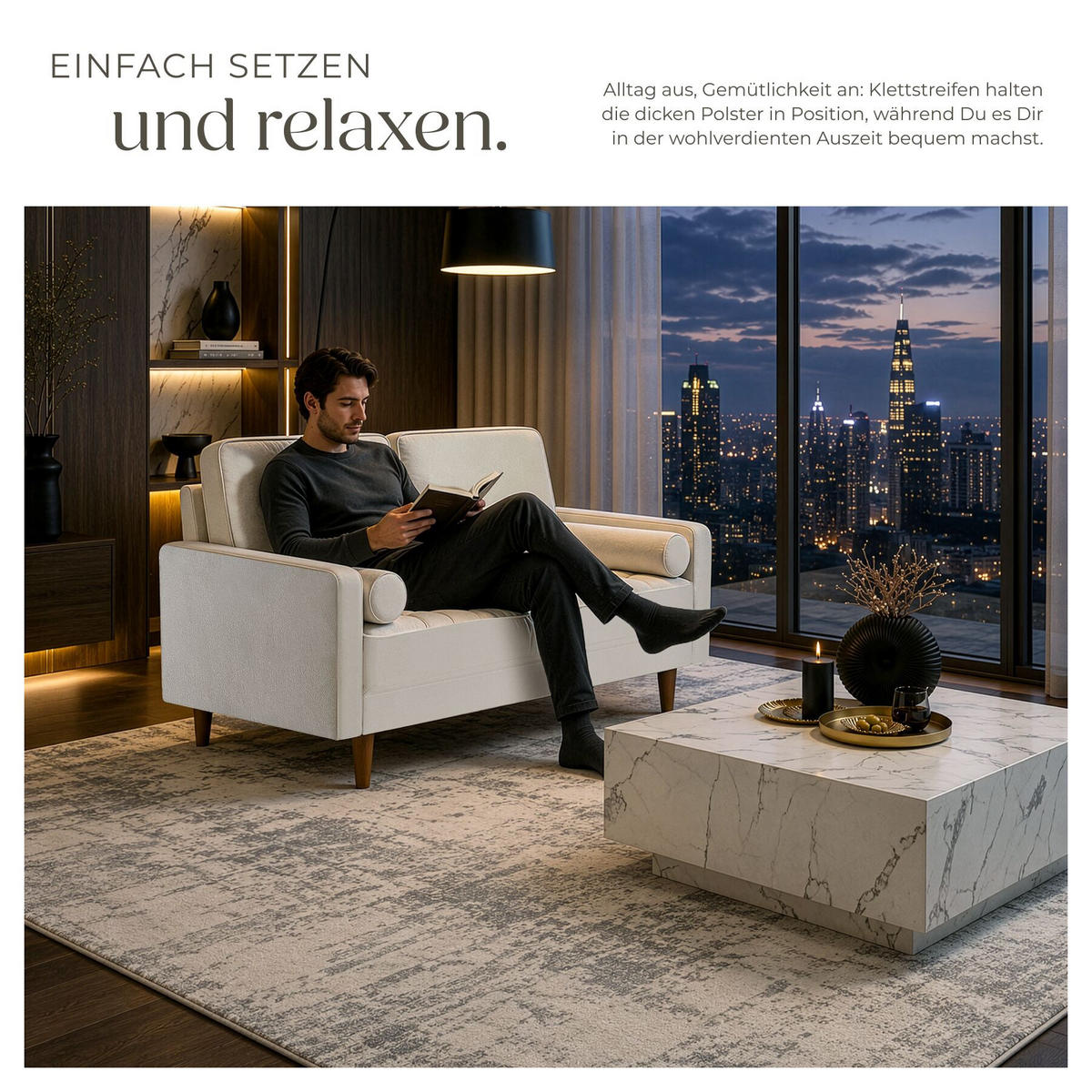 SOFA Skagen, 135 x 76 x 85 cm, Samtoptik creme - Creme/Braun, Kunststoff/Textil (135/85/76cm) - tectake