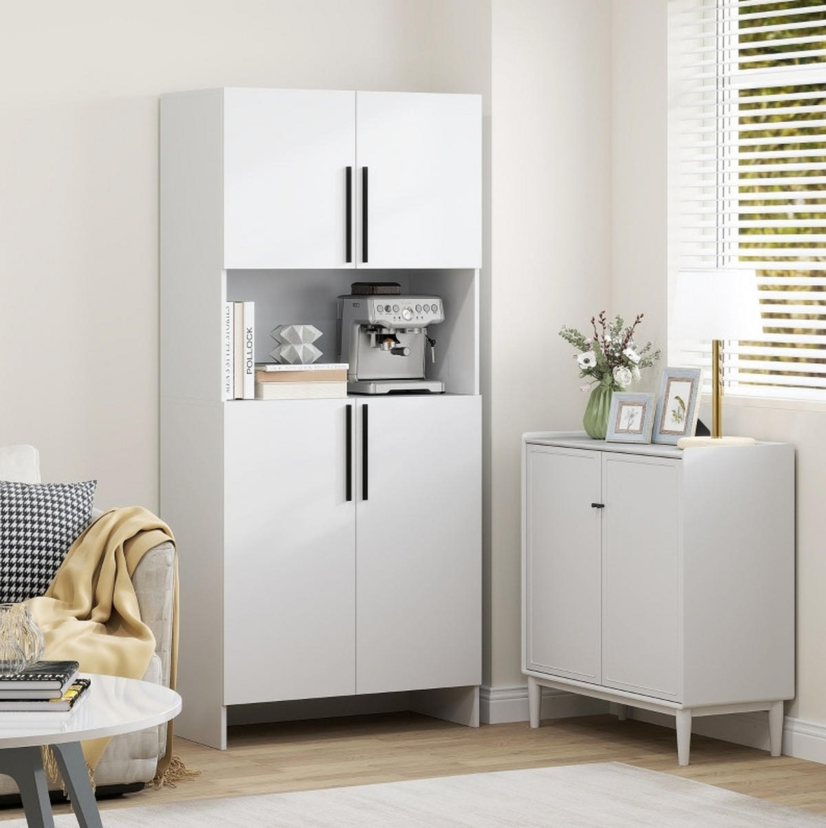 BUFFET 79/40/175 cm aus melaminbeschichteter Spanplatte mit Mikrowellenablage Weiß - Weiß, Holz (79/175/40cm) - Modenvie