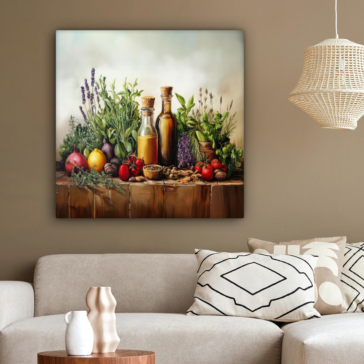 LEINWANDBILD Stilleben - Kräuter - Gewürze - Früchte - Farbenfroh 90x90 cm - Grün, Textil (90/90cm) - MuchoWow