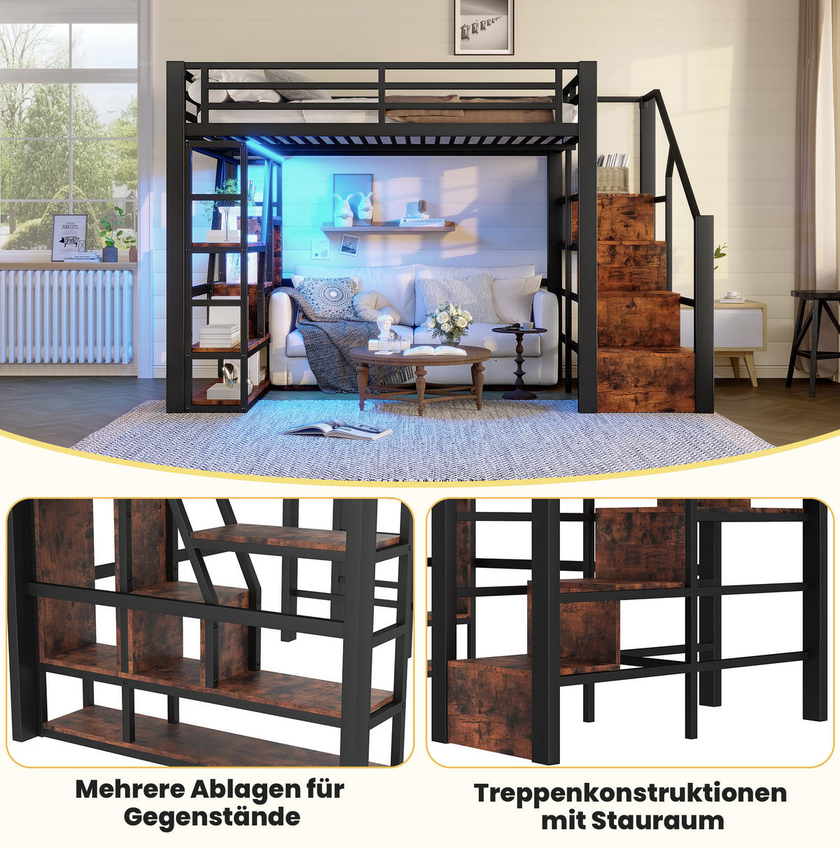 HOCHBETT 140/200 cm aus Metall und MDF mit LED-Lichtleiste und Stauraum Schwarz - Schwarz, Holzwerkstoff (140/200cm) - Modenvie