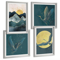 BILDER SET 4er Set - 50x50 cm & 40x60 cm Silberner Rahmen - Vögel, Kraniche, Mond, Berge - Silberfarben, Kunststoff (50/50cm) - TULUP