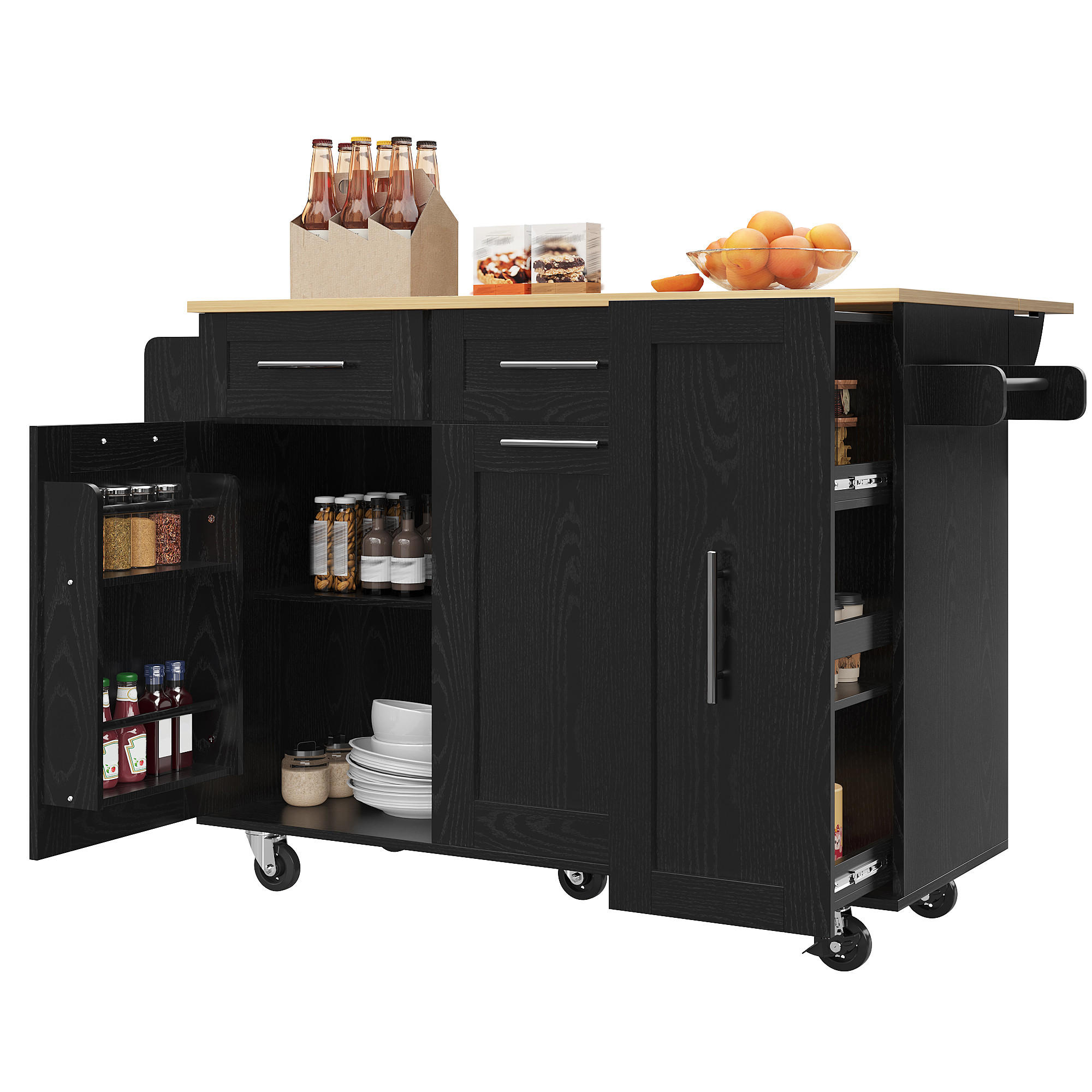 KÜCHENINSEL in Schwarz Küchenwagen mit Holzmaserung, Snackregalen , Stauraum und multifunktional , B110/T74/H90.5cm - Schwarz, Holzwerkstoff/Metall (134.5/90.5/74cm) - STILVORA