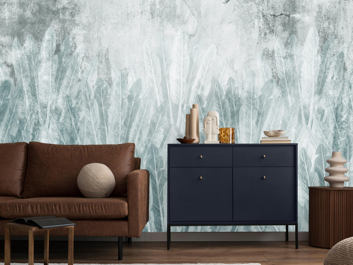 FOTOTAPETE Beton Bananenblätter Retro Grau Abstrakt Pflanzen Vintage 250x175 - Grau, Papier (250/175cm) - Muralo