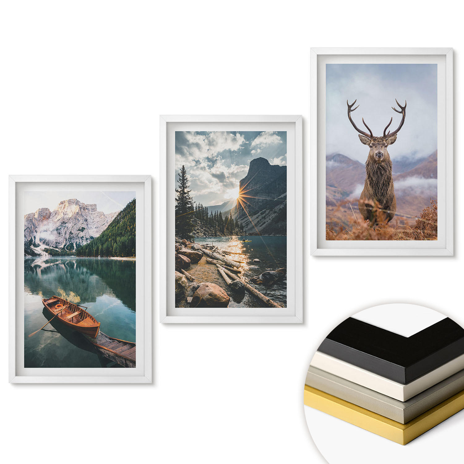 WANDBILDER 3er-Set - 40x60 cm Weißer Rahmen - Bergsee, Bootsfahrt, Sonnenuntergang, Hirsche - Weiß, Kunststoff (40/60cm) - ArtPrintCave