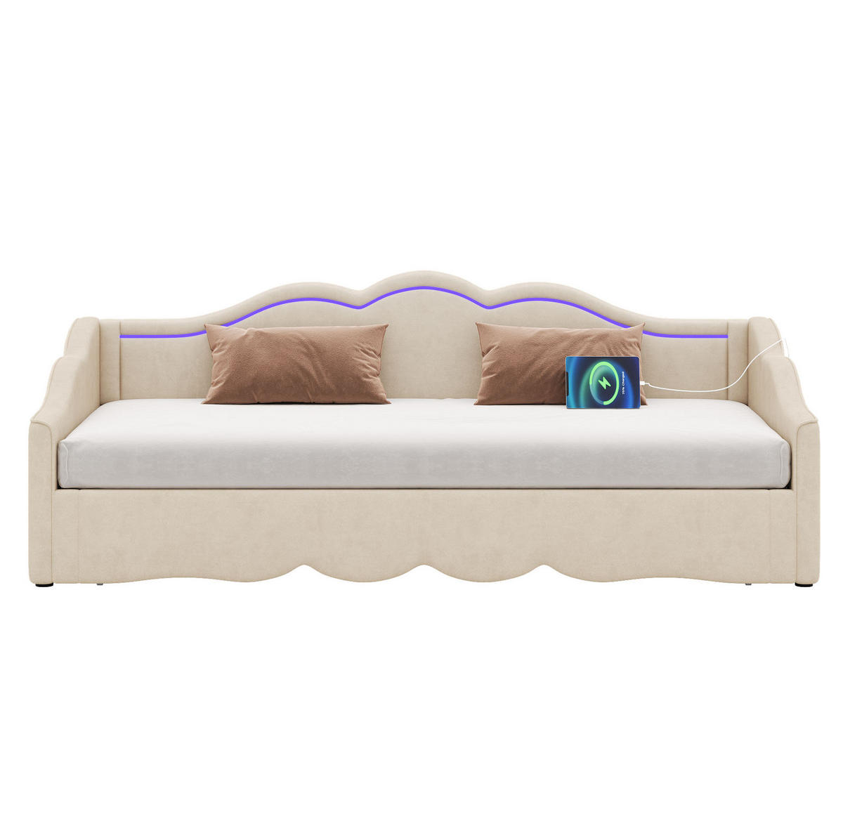 POLSTERBETT 90/180×200 cm aus Samt in Beige mit LED und USB- und Type-C-Anschlüssen - Beige, Textil (90/200cm) - Flora Grace