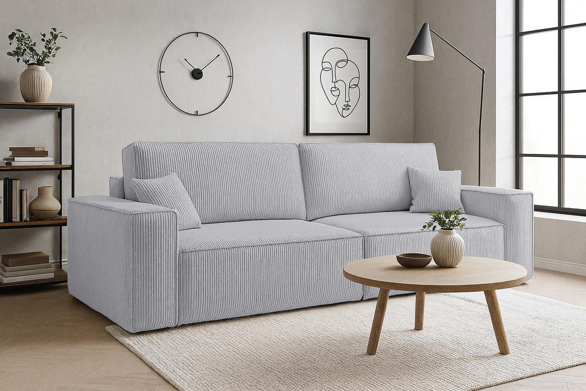 SCHLAFSOFA HUGO, Sofa mit Schlaffunktion und Bettkasten, Farbe: Grau, Cordstoff - Grau, Textil (244/83/98cm) - VENASI MÖBEL