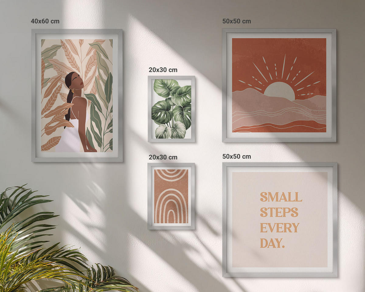 WANDBILDER 5er Set - 50x50 cm & 20x30 cm & 40x60 cm Silberner Rahmen - abstrakte Formen im Boho-Stil - Silberfarben, Kunststoff (40/60cm) - ArtPrintCave