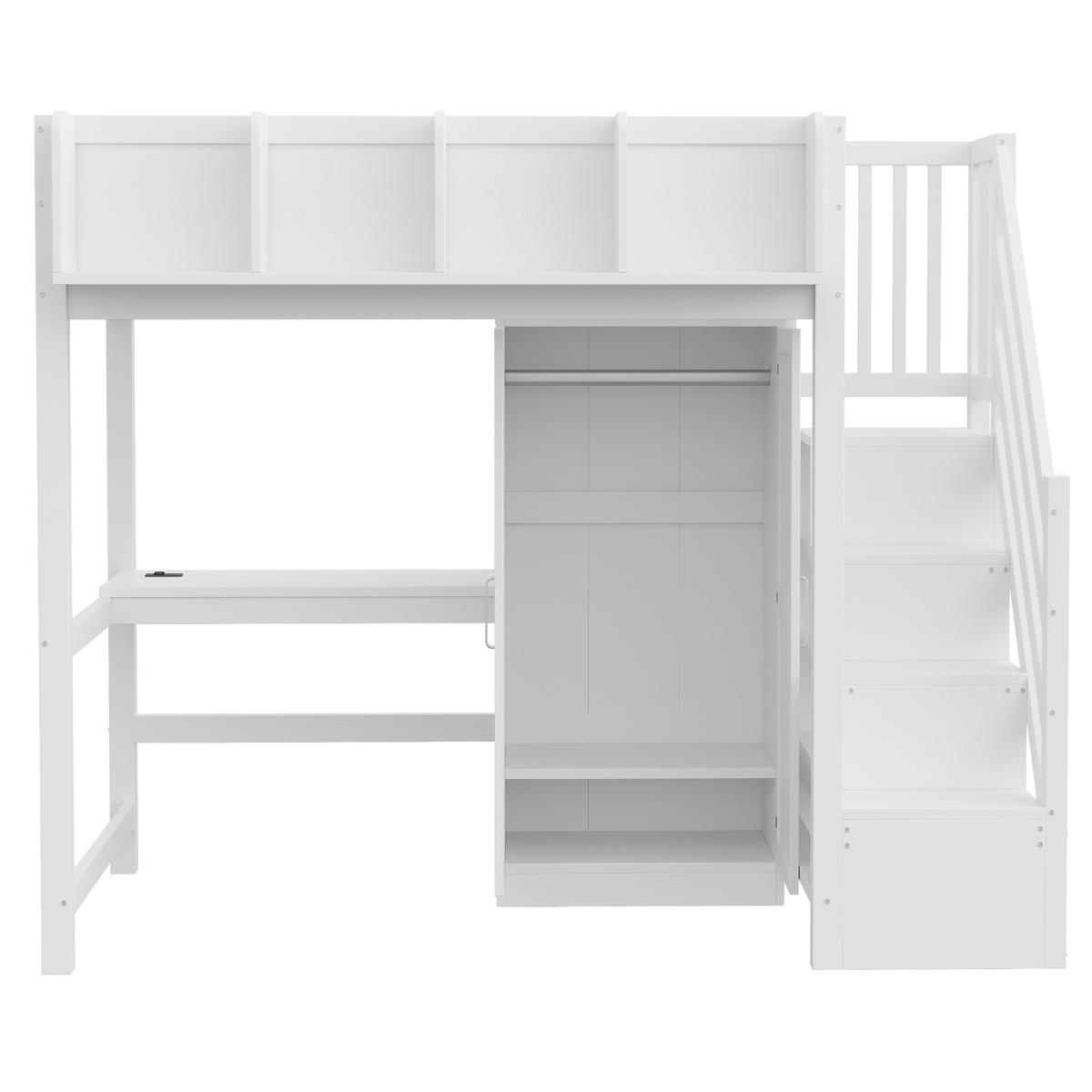 HOCHBETT 90/200 cm in Weiß mit Schreibtisch, Kleiderschrank, Regalen, Leiter mit Stauraum, LED und Steckdosen aus Holz - Weiß, Holzwerkstoff (90/200cm) - STILVORA