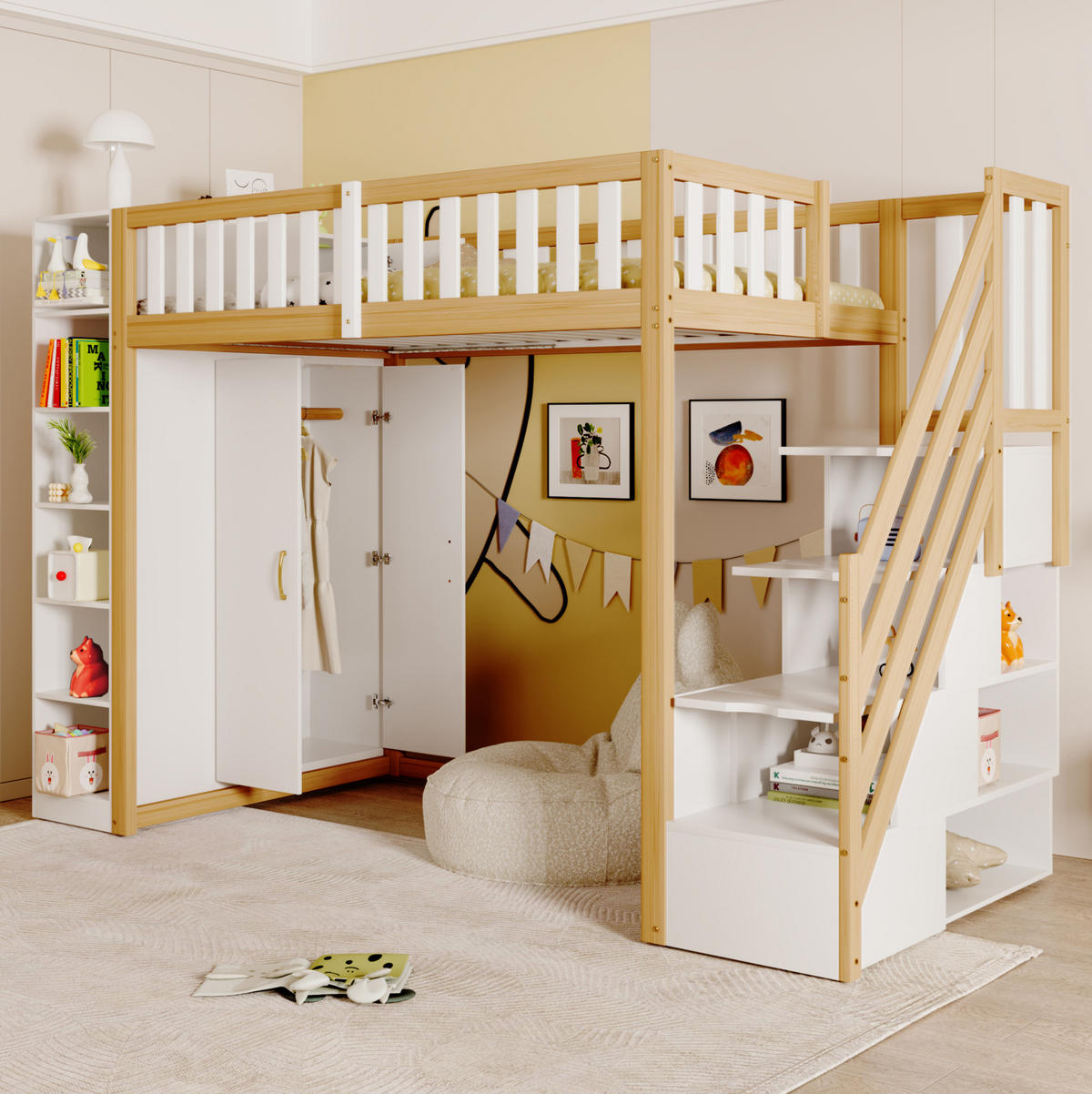 HOCHBETT mit Kleiderschrank und Stauraum 90x200 cm Weiß/Naturholz - Weiß, Holzwerkstoff (90/200cm) - Beauniv
