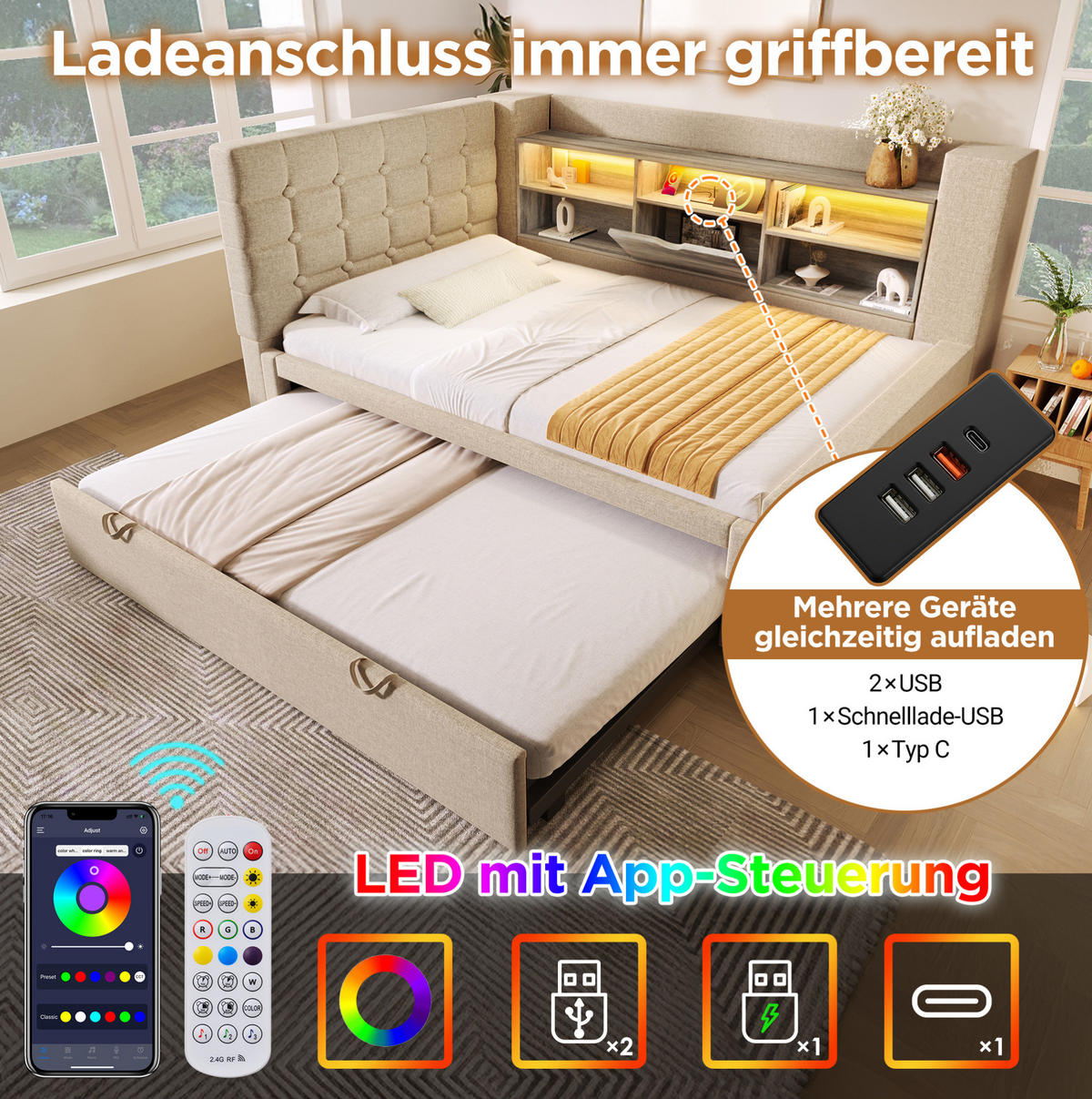 BETT mit Ausziehbett und Stauraum 90x200 cm Leinen Beige - Beige, Metall (90/200cm) - Beauniv