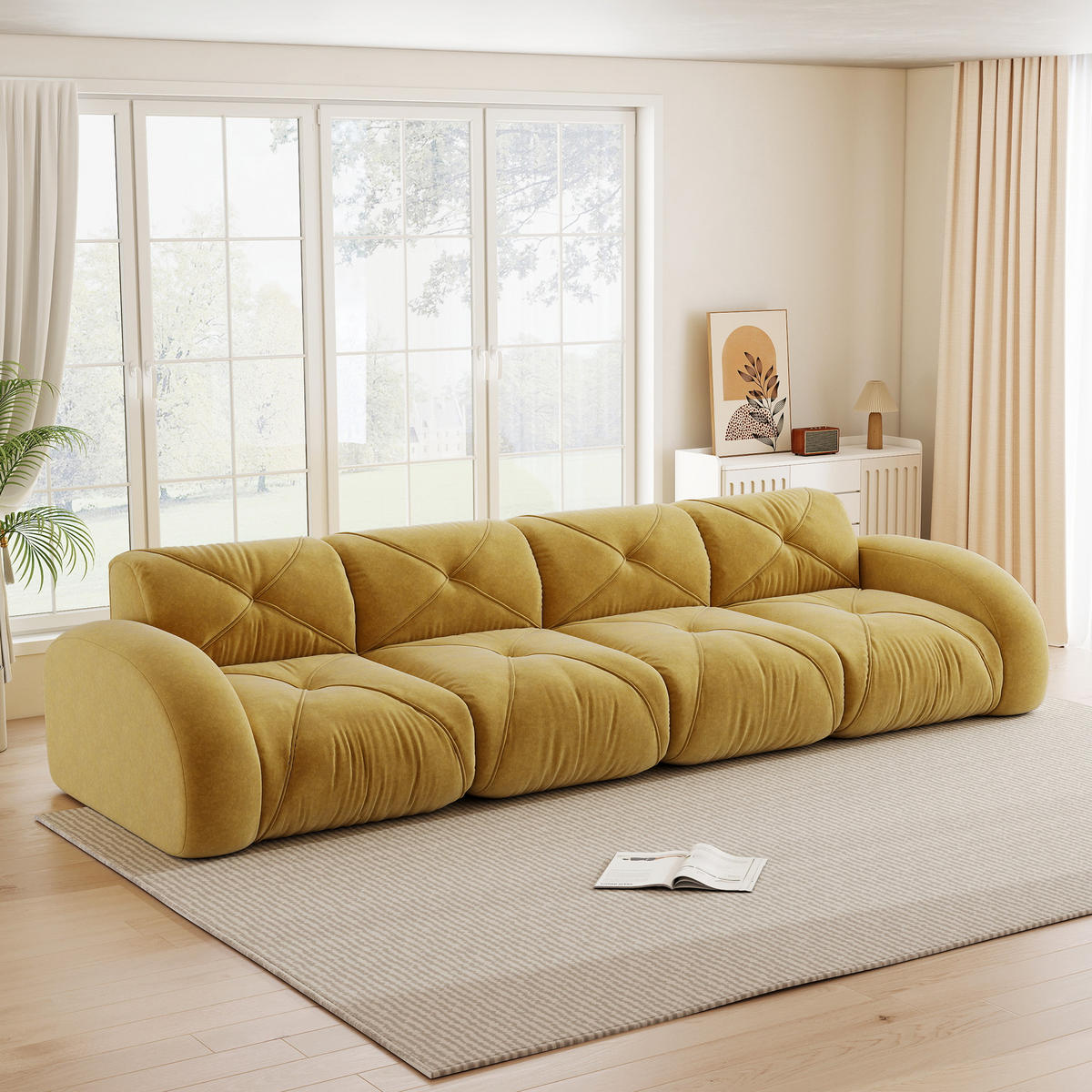 4-SITZER Sofa 358x95x76 cm aus Chenille-Stoff rahmenlos modular, gelb - Gelb, Textil (95/76/358cm)