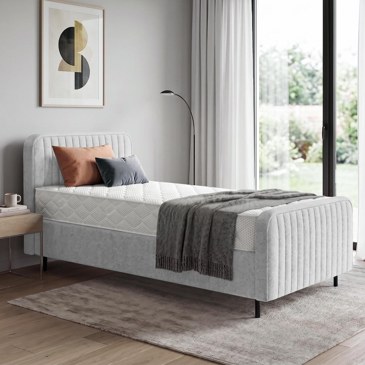 POLSTERBETT Lami 90x200, Einzelbett mit Bettkasten und Taschenfedernmatratze 20 cm, Hellgrau - Hellgrau/Schwarz, Textil/Metall (90/200cm) - Beautysofa