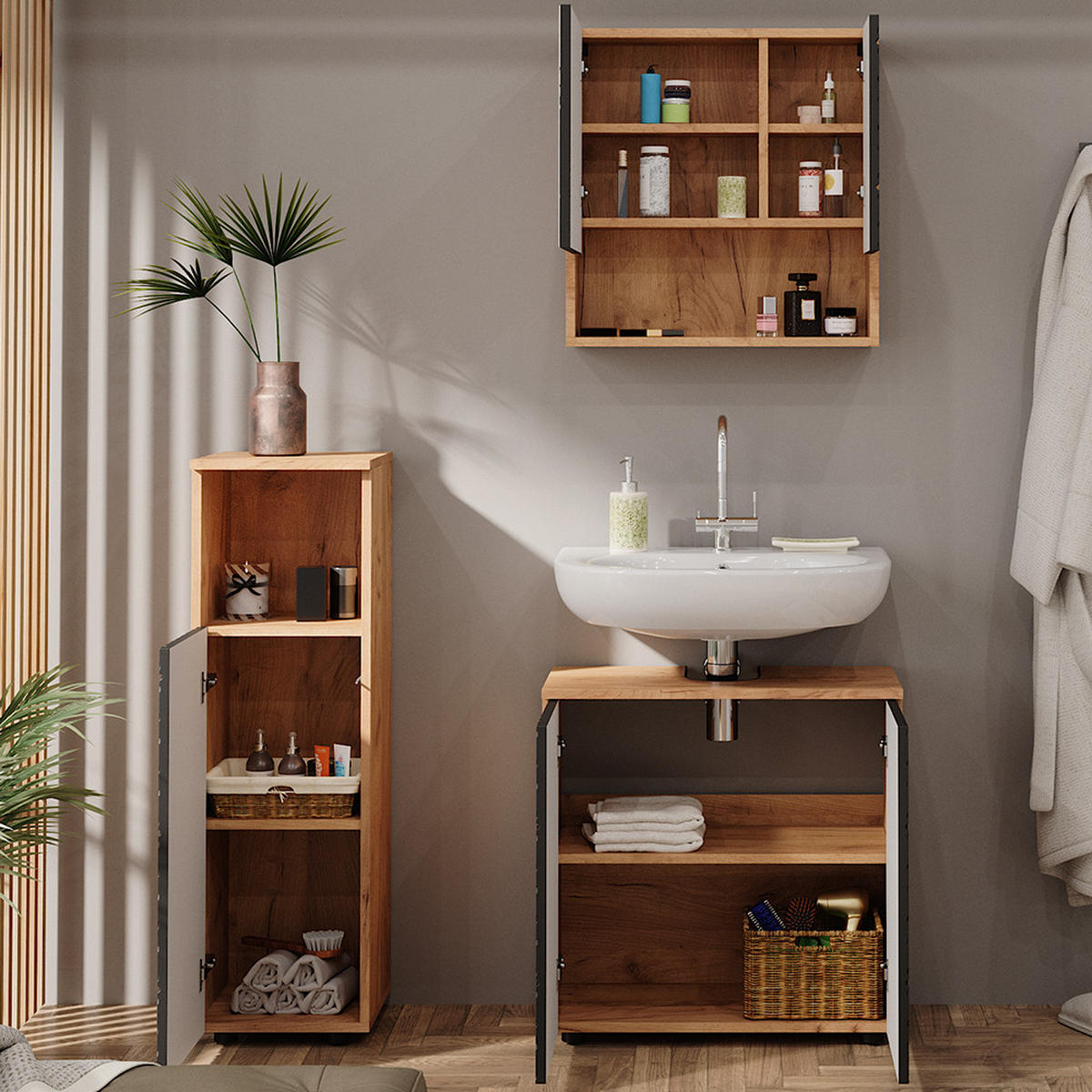 BADMÖBEL-SET Irma Anthrazit gestreift 3 Teile - Honigeiche/Anthrazit, Holzwerkstoff (80/58.6/41cm) - Vicco