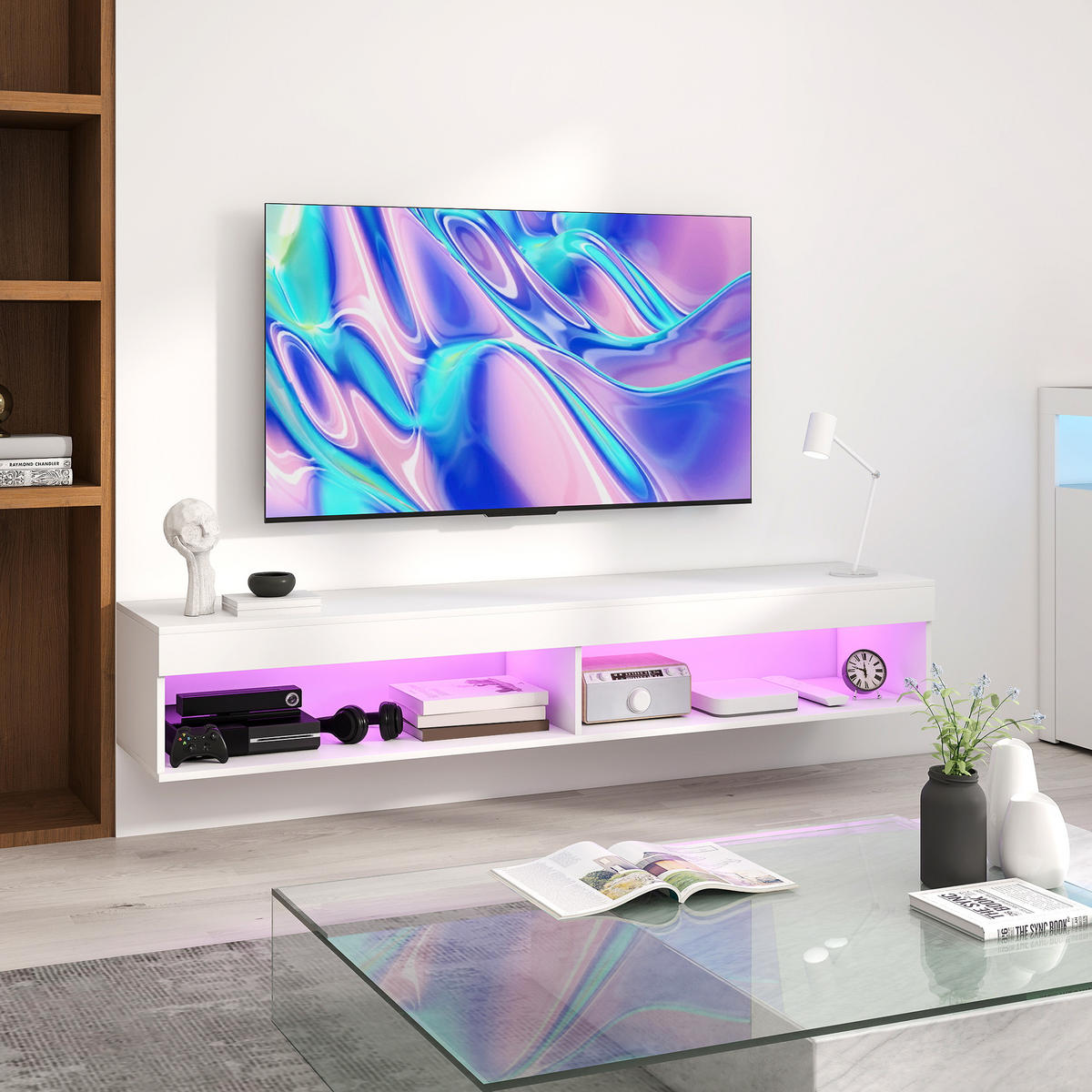 TV-LOWBOARD Weiß 180/40/30 cm, Hängend, LED-Beleuchtung, 2 Klappen - Weiß, Holz (180/30/40cm) - PANGIVO