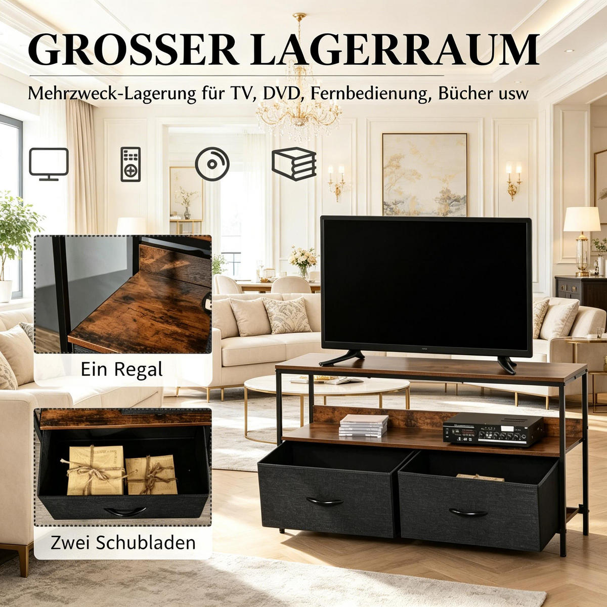 LOWBOARD DE-40506 2 faltbare Schubladen Rustikal Braun - Braun, Holzwerkstoff (98/56/29cm) - ComfortXL