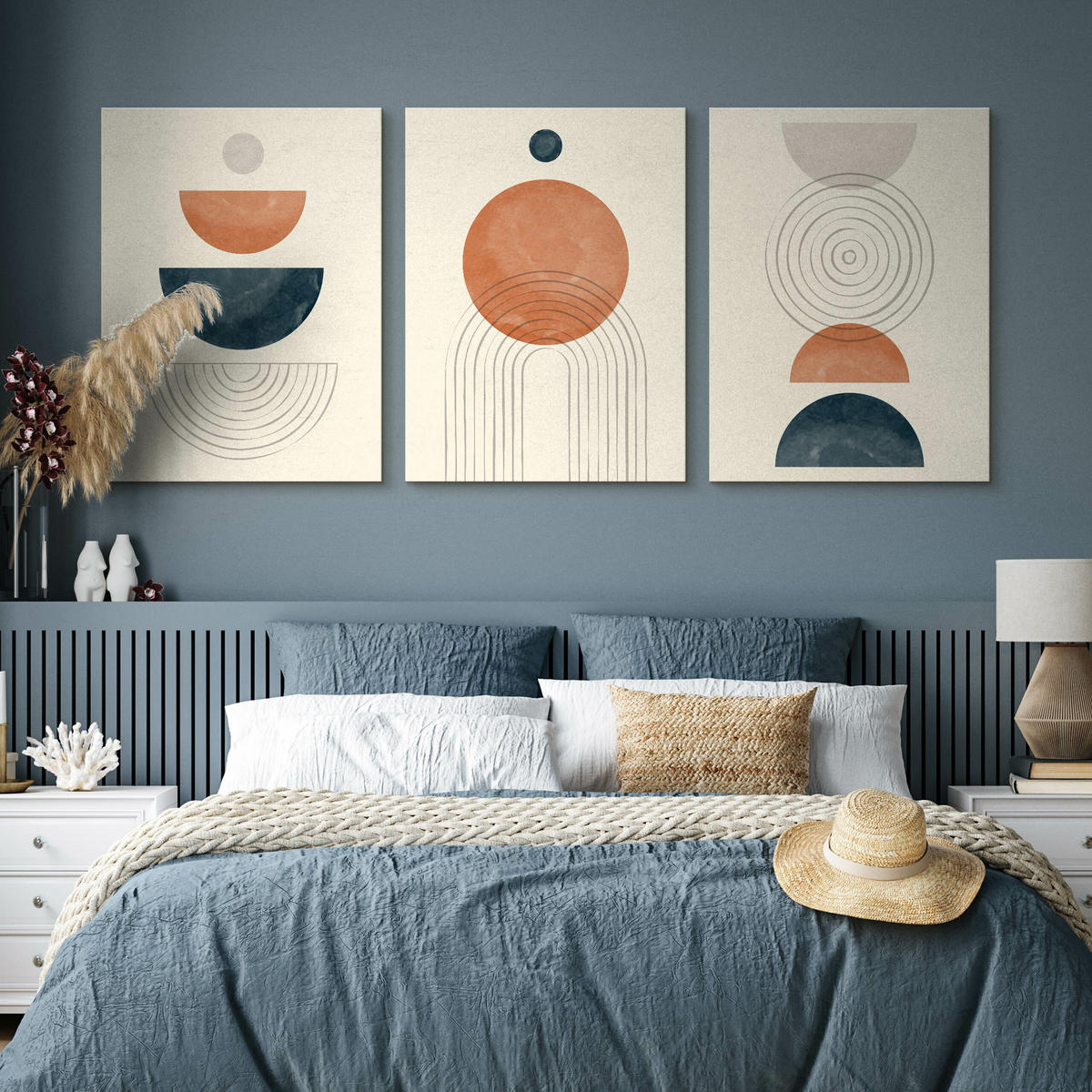 LEINWANDBILDER 3-er Set Abstraktion Boho - Türkis/Blau, Textil (90/40cm) - Muralo