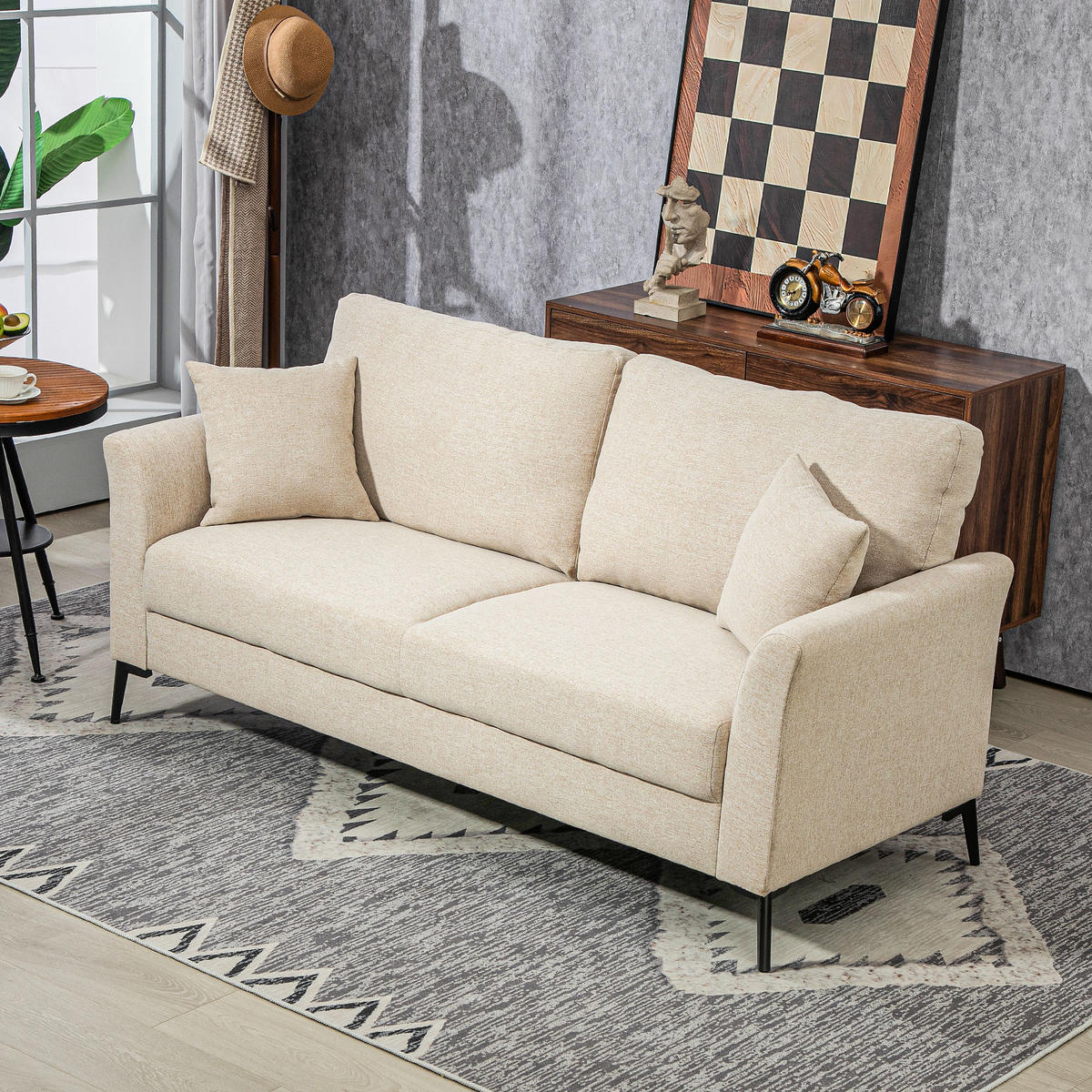 2 Sitzer Sofa, Couch mit Leinenoptik, Metallbeine, Polstersofa Doppelsofa - Beige/Schwarz, Textil/Metall (80/89/179cm) - HOMCOM