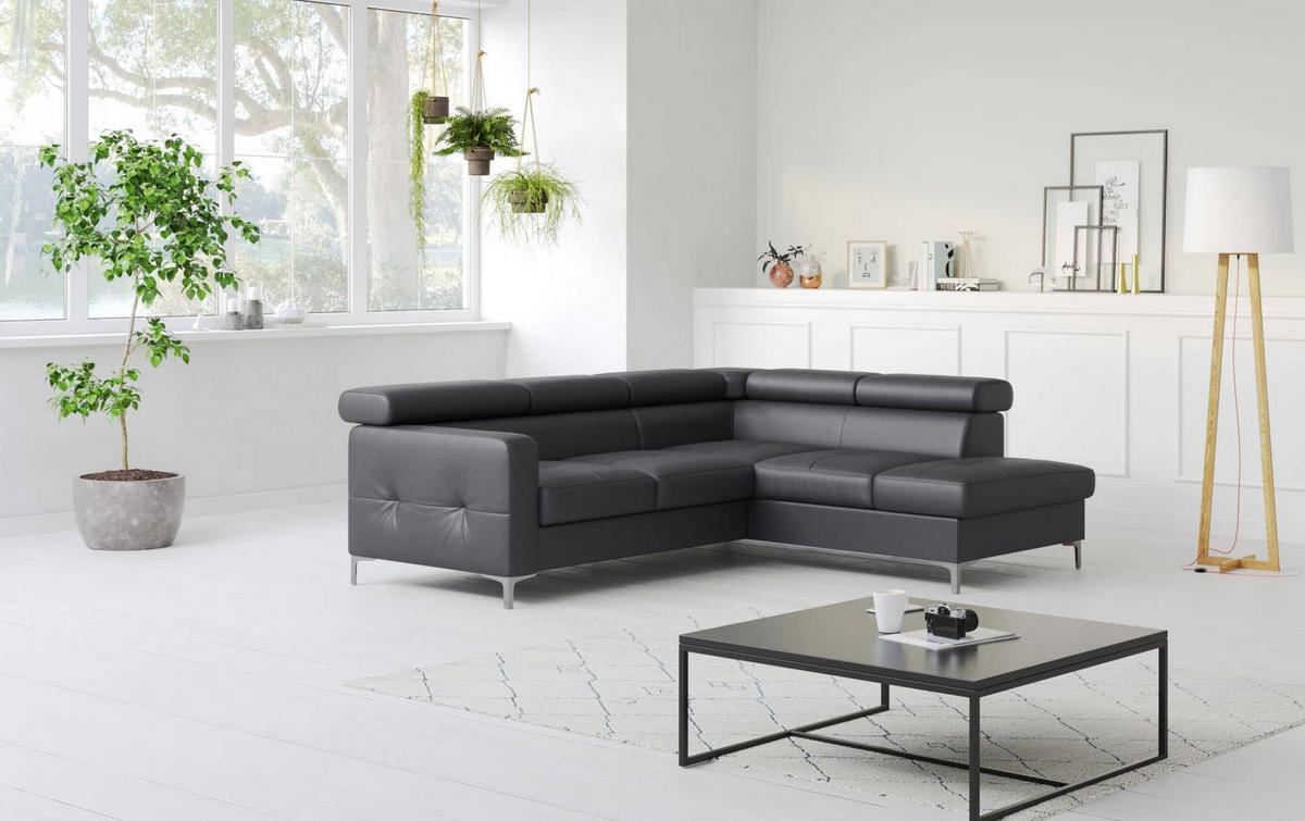 ECKSCHLAFSOFA aus Echtleder mit Schlaffunktion und Bettkasten - Chromfarben/Silberfarben, Leder/Holz (207/242cm) - Cotta