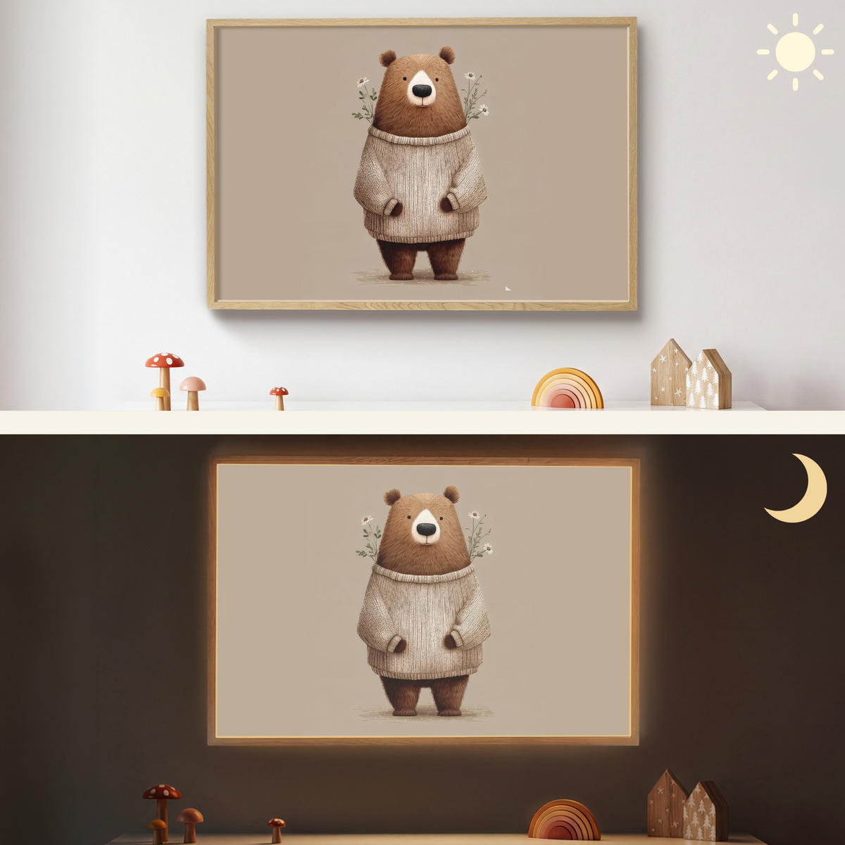 NÁSTĚNNÁ LAMPA S AKUMULÁTOREM Medvěd - Bílé květy - Cosy 90x60 cm - šedohnědá, kompozitní dřevo (90/60/8cm) - OnlyWow