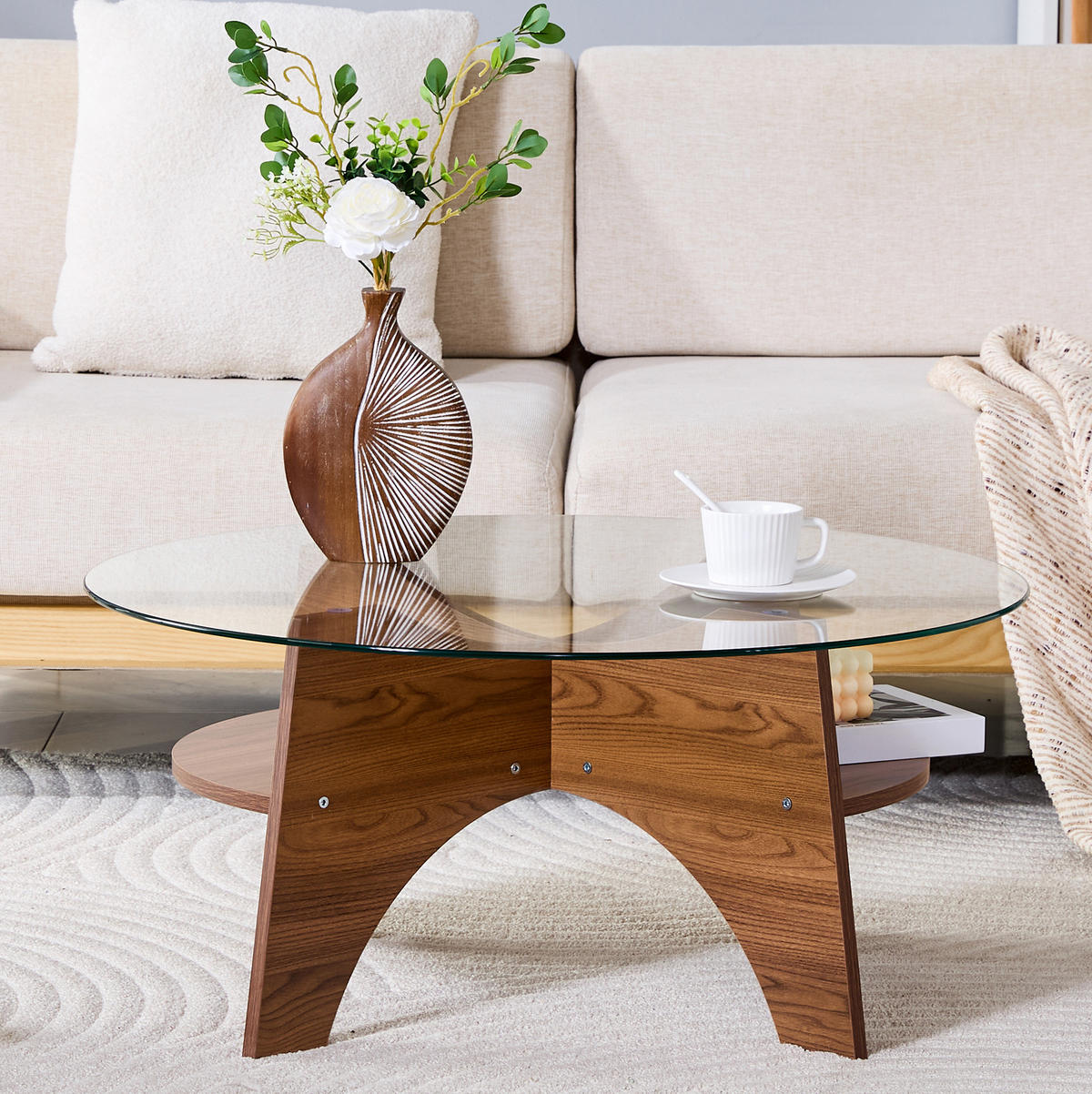 BEISTELLTISCH 80/36 cm Transparent/Walnuss aus Glas und MDF mit fächerförmigem Gestell - Walnussfarben, Holzwerkstoff (80/80/36cm) - OKMYHOME