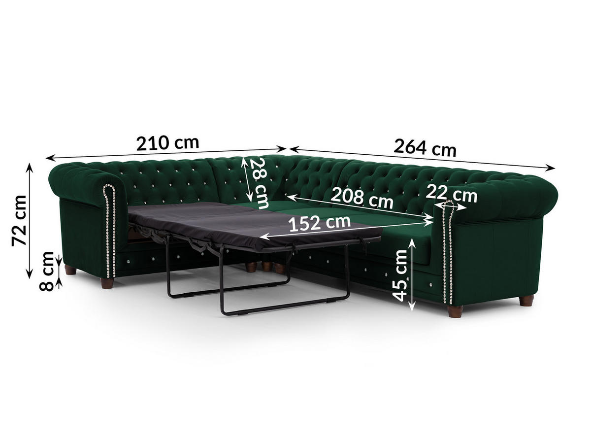 ECKSOFA mit Schlaffunktion Chesterfield Flasche Grün Samt mit Kristallsteppung und braunen Massivholzfüßen - Ottomane Links - Braun/Grün, Holz/Textil (264/210cm) - S-Style Möbel