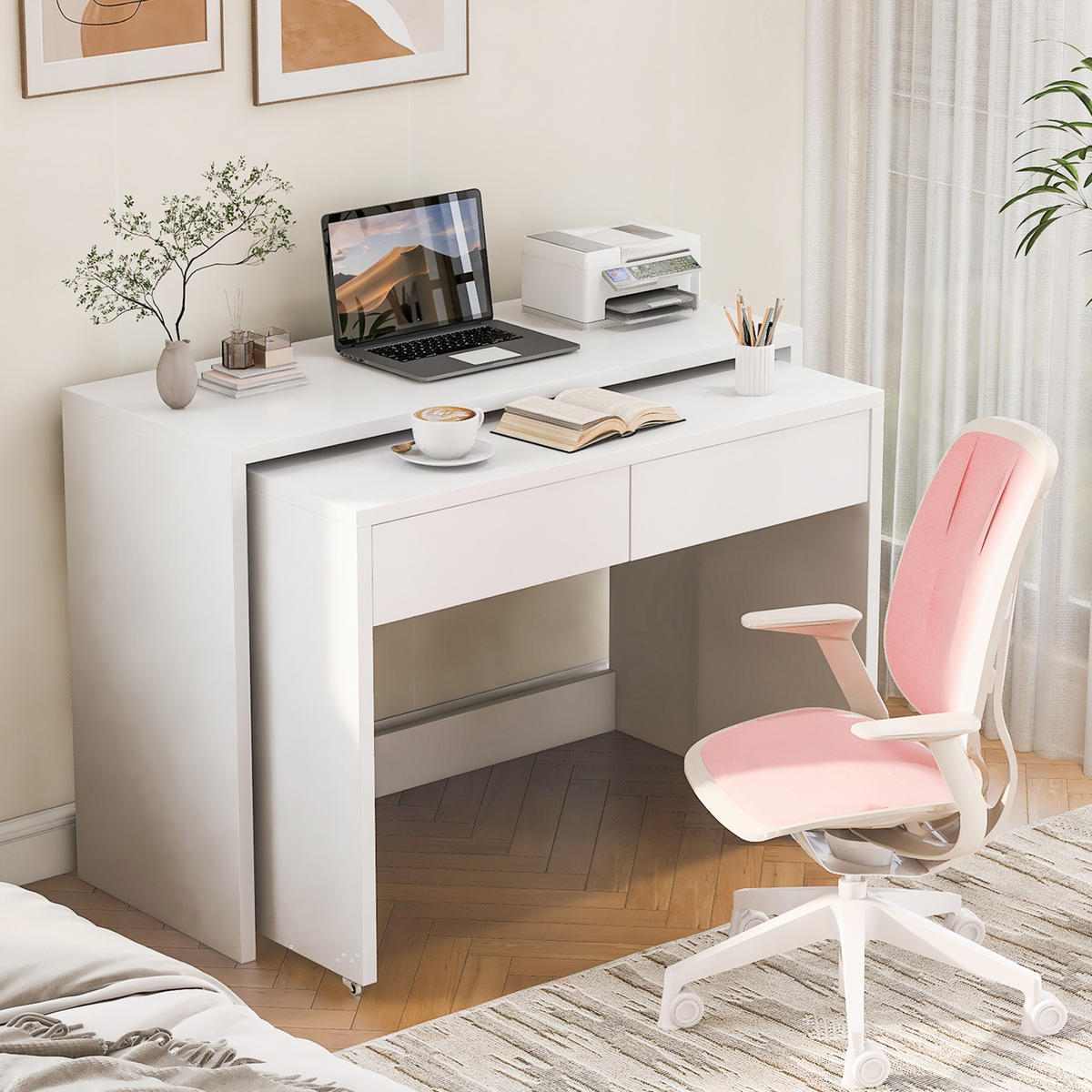SCHREIBTISCH 2-in-1 Kommode ausziehbar Rollen Holz 1,8cm modern - Weiß, Holzwerkstoff (110/40/78cm) - FLIEKS