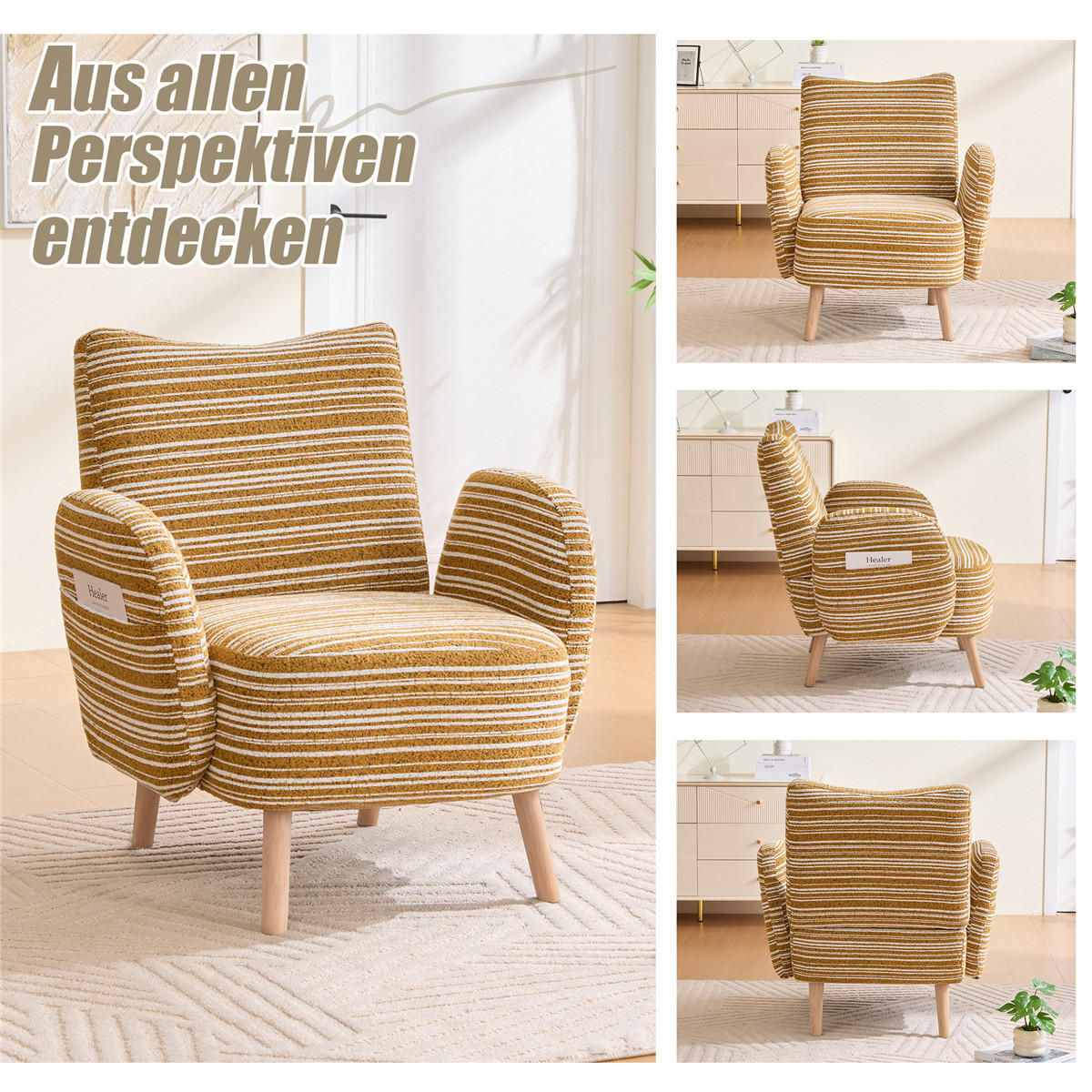 SESSEL Kreismuster Stoff Massivholzbeine Lesesessel - Gelb, Textil (77/87/81cm) - Kaket