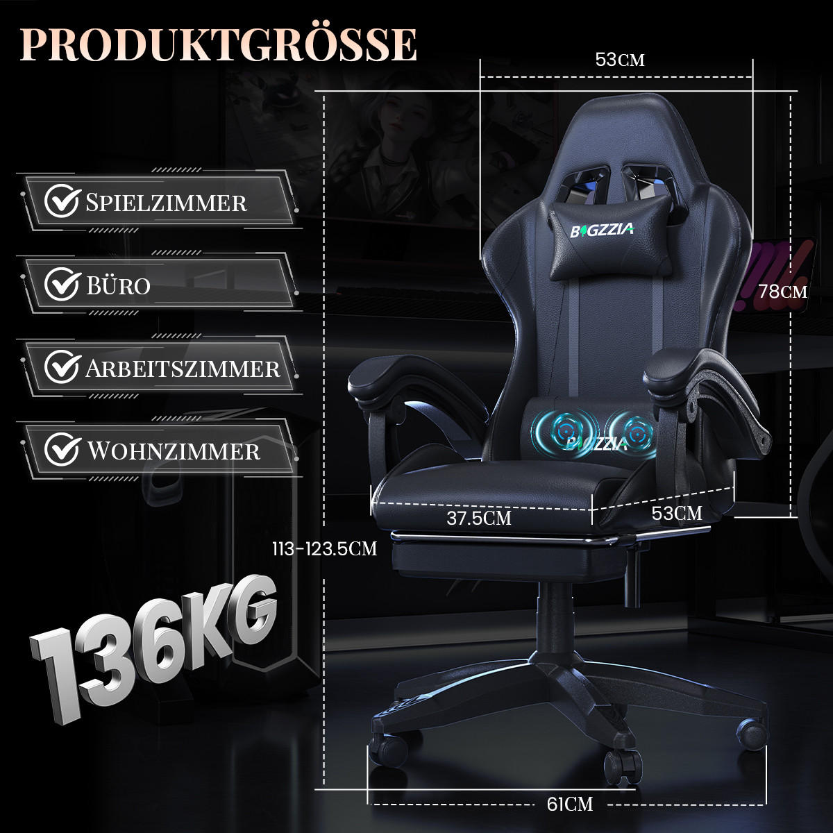 GAMINGSTUHL Schwarz,mit Massage,Fußstütze, Ergonomisch, Verstellbar - Schwarz, Metall (26/59/77cm) - Rattrix