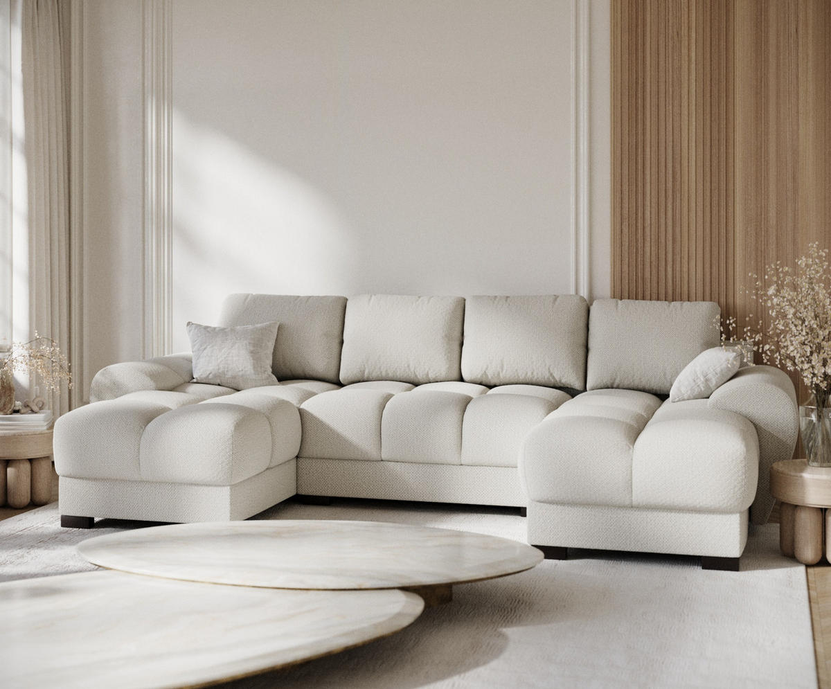 WOHNLANDSCHAFT Peebles Beige Chenille-Stoff - Beige/Schwarz, Holz/Holzwerkstoff (330/90/175cm) - Maison de Reve