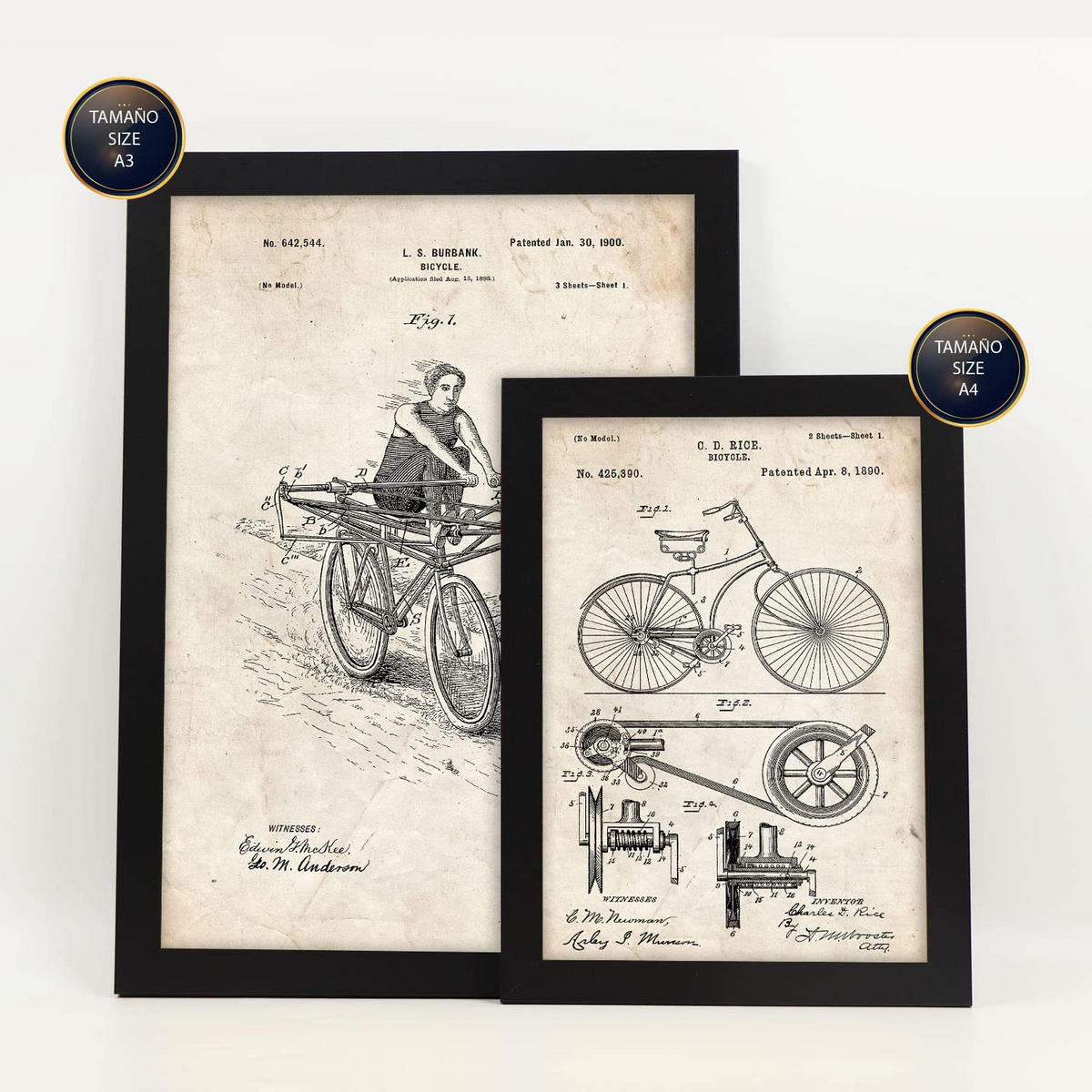 POSTER Set Mit 6 Plakaten Mit Fahrrad Patenten Im Vintage Stil A3 & A4 Schwarzer Rahmen - Schwarz, Papier (29/3cm) - Nacnic