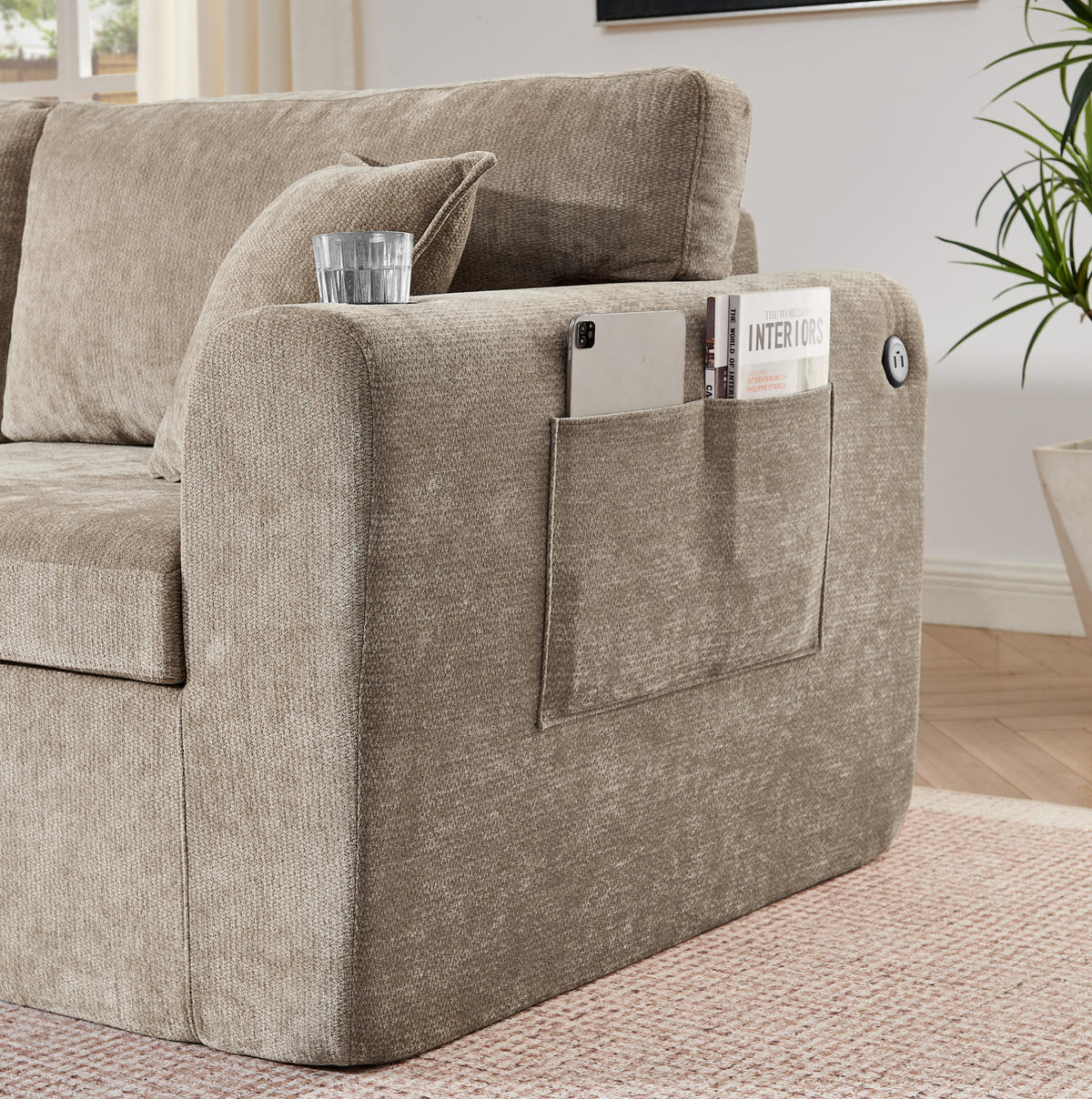 SOFA 2-Sitzer mit Getränkehalter Chenille Brown - Braun, Kunststoff (220/89/100cm) - Meubliv