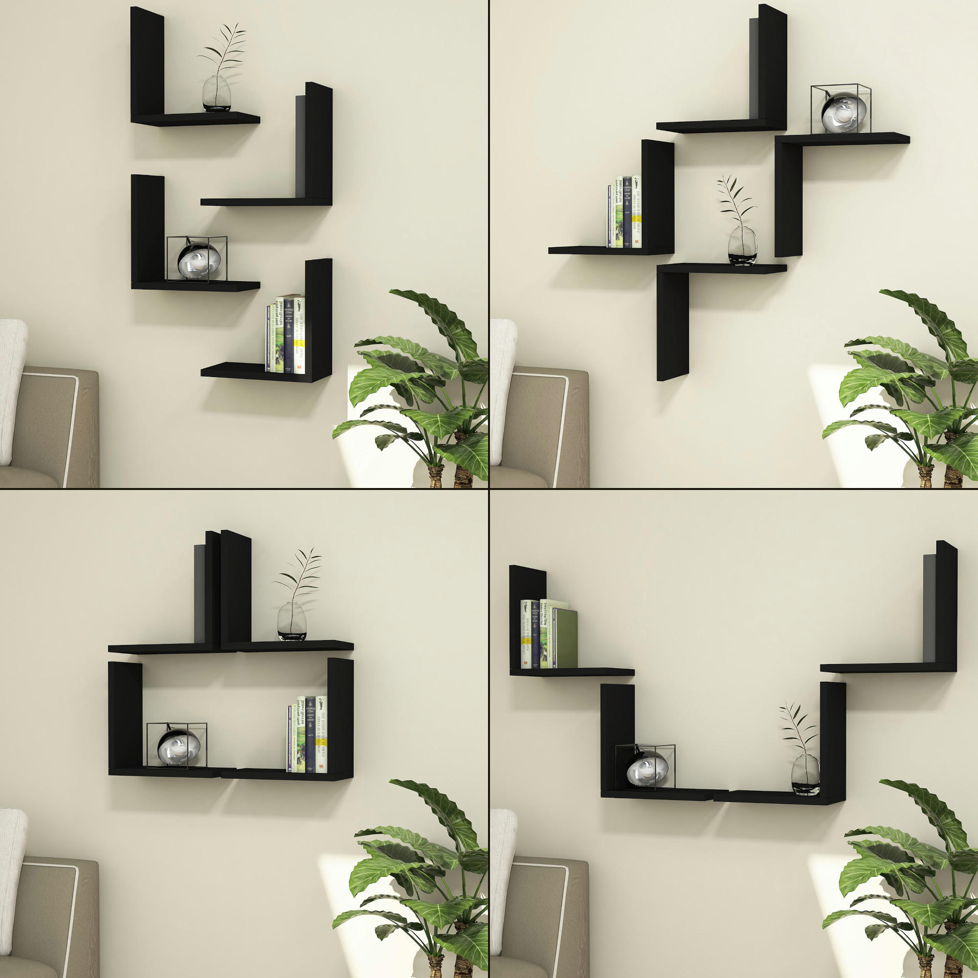 Thumbnail - [en.casa] Wandregal-Set, Schwarz, Holzwerkstoff, 30x30x16 cm, Wohnzimmer, Regale, Wandregale
