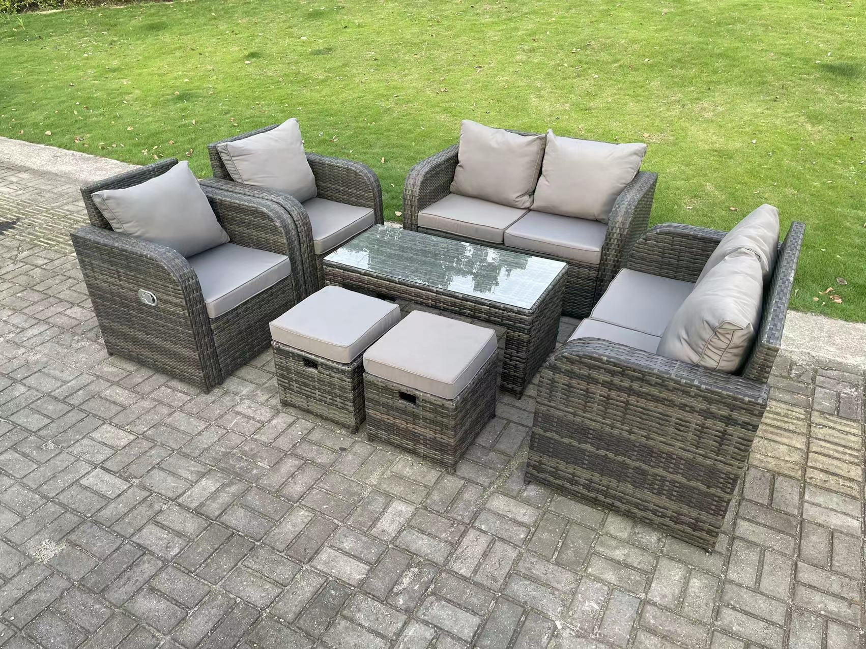 GARTENSET Polyrattan 7-Sitzer - Dunkelgrau/Grau, Glas/Kunststoff - Fimous