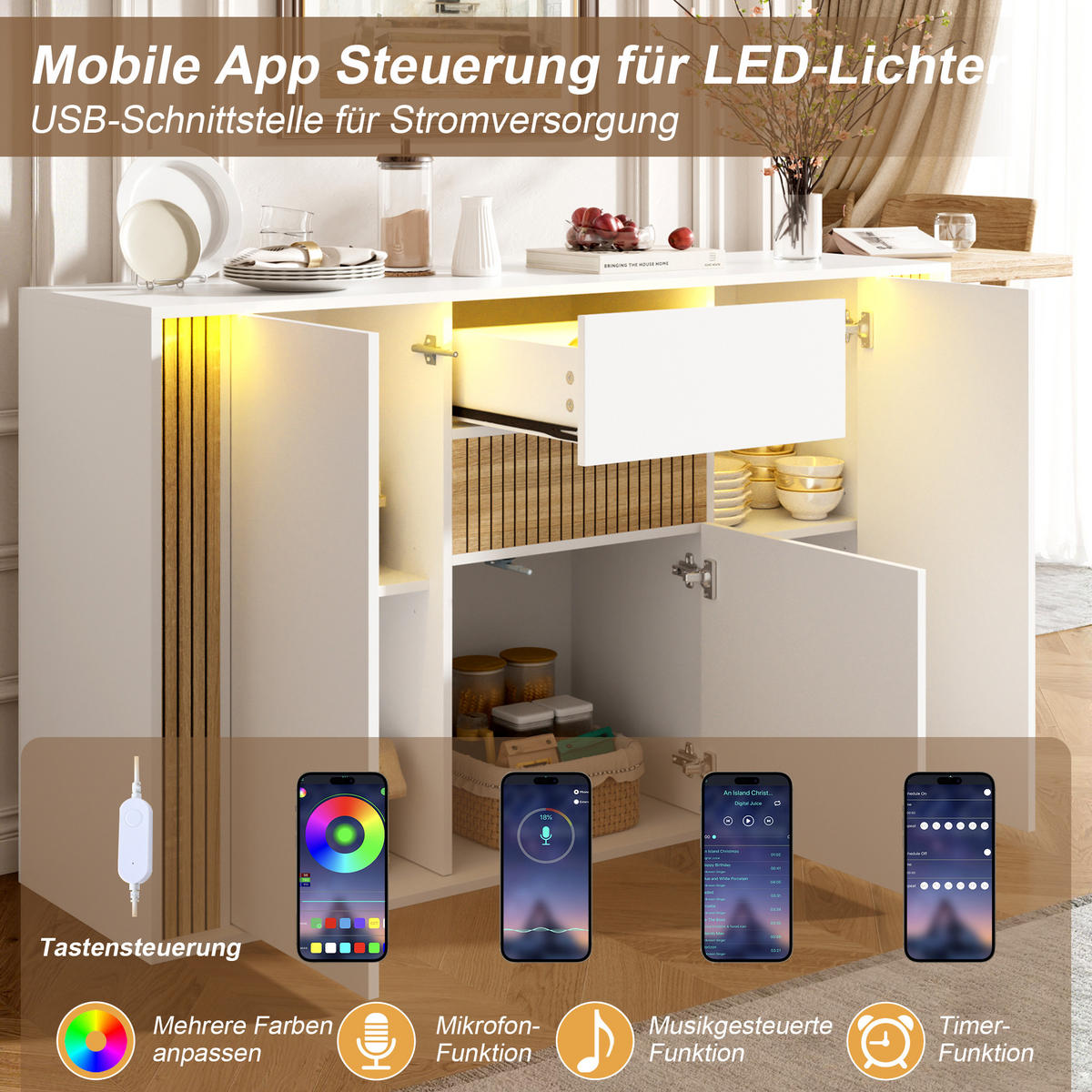 SIDEBOARD 140x40x82cm Weiß mit LED und 3 Türen - Weiß/Naturfarben, Holzwerkstoff (140/82/40cm) - FLIEKS