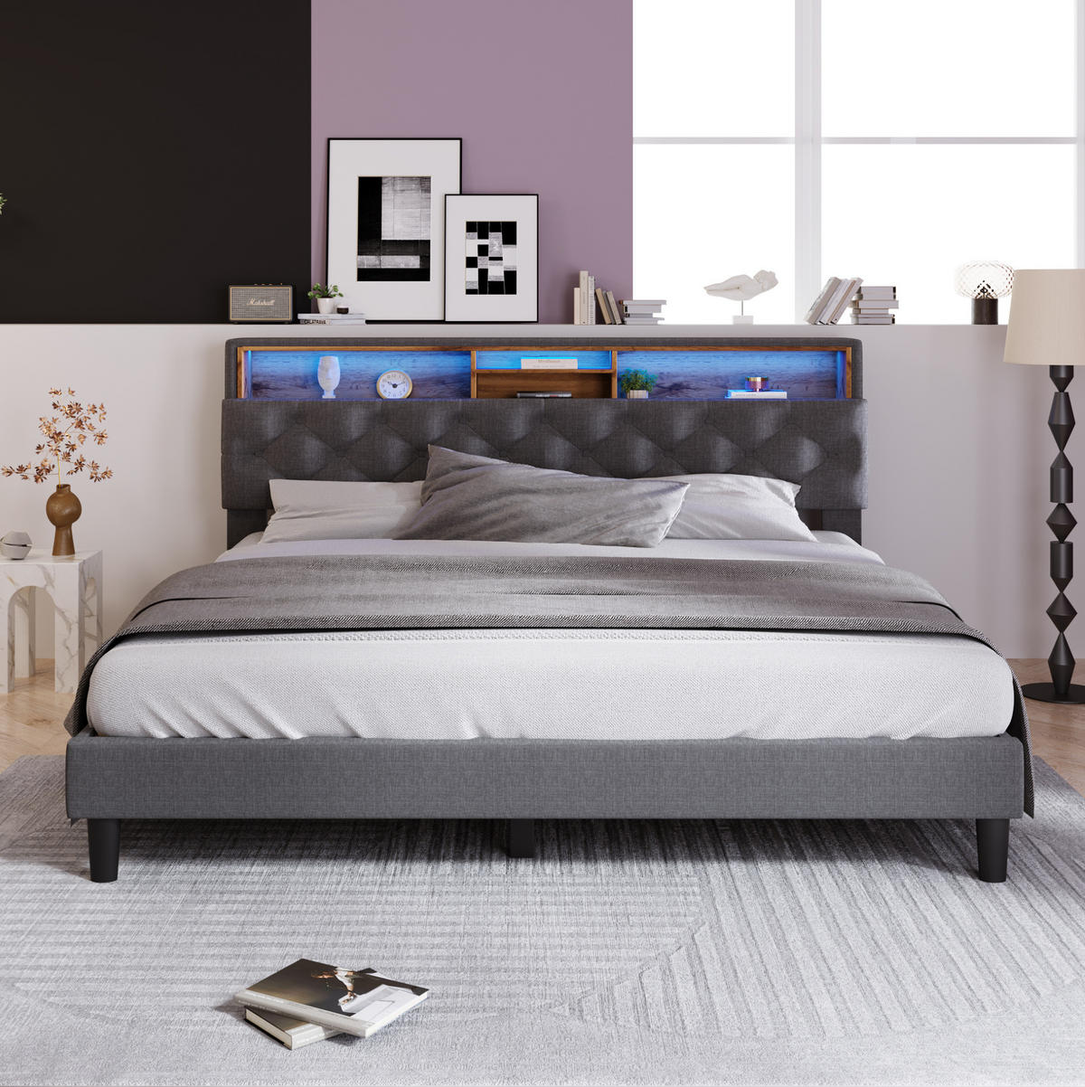 TAPECIRANI krevet 140/200 cm s LED osvjetljenjem i uzglavljem s pohranom, Siva - siva, drvo (140/200cm) - Redom