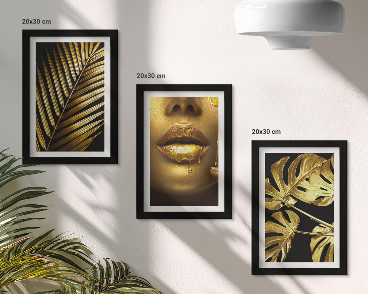 WANDBILDER 3er-Set - 20x30 cm Schwarzer Rahmen - Mund einer Frau mit Monstera-Palme - Schwarz, Kunststoff (20/30cm) - ArtPrintCave