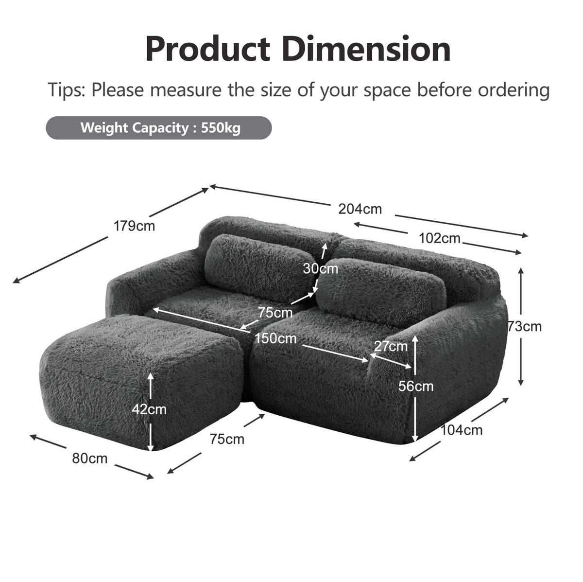 SOFA modular 2-Sitzer L-Form Plüsch Grau - Grau, Kunststoff (179/204cm) - Meubliv