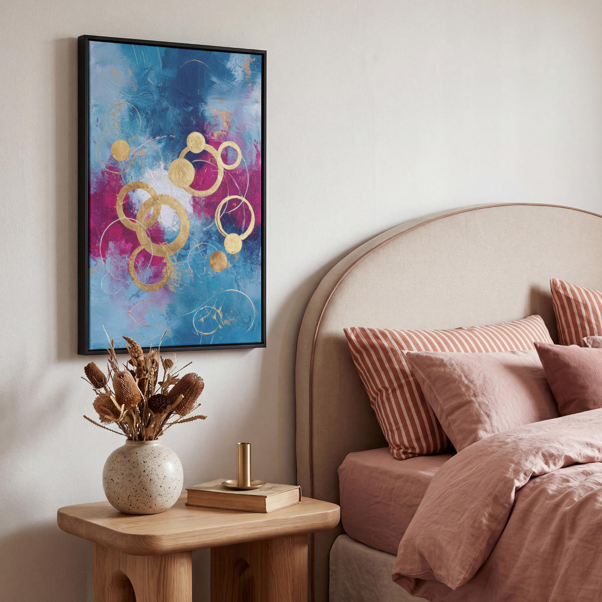 LEINWAND Bilder mit Rahmen - Kreise - Gold - Abstrakt - 40x60 - Blau, Textil (40/60cm) - MuchoWow