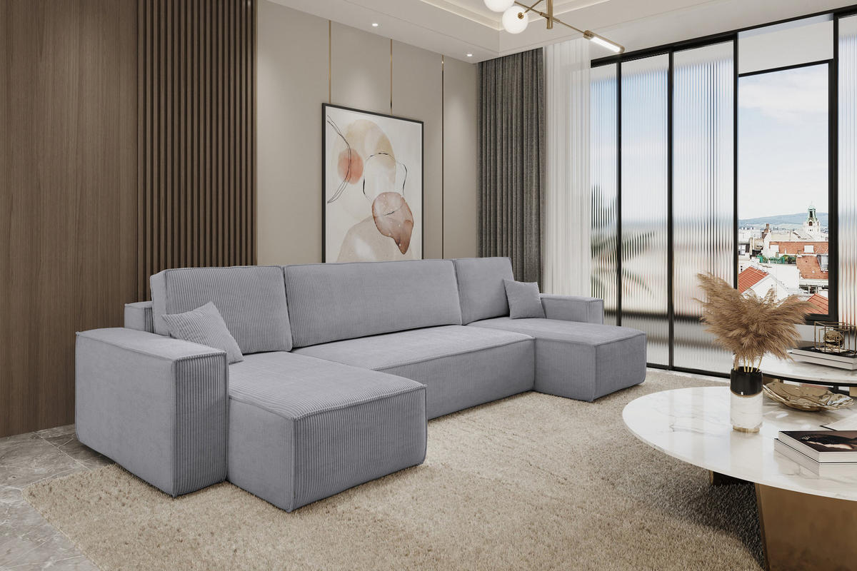 WOHNLANDSCHAFT Hugo U-Form Cordstoff mit Schlaffunktion und Bettkasten - Greige, Textil (312/83/142cm) - VENASI MÖBEL